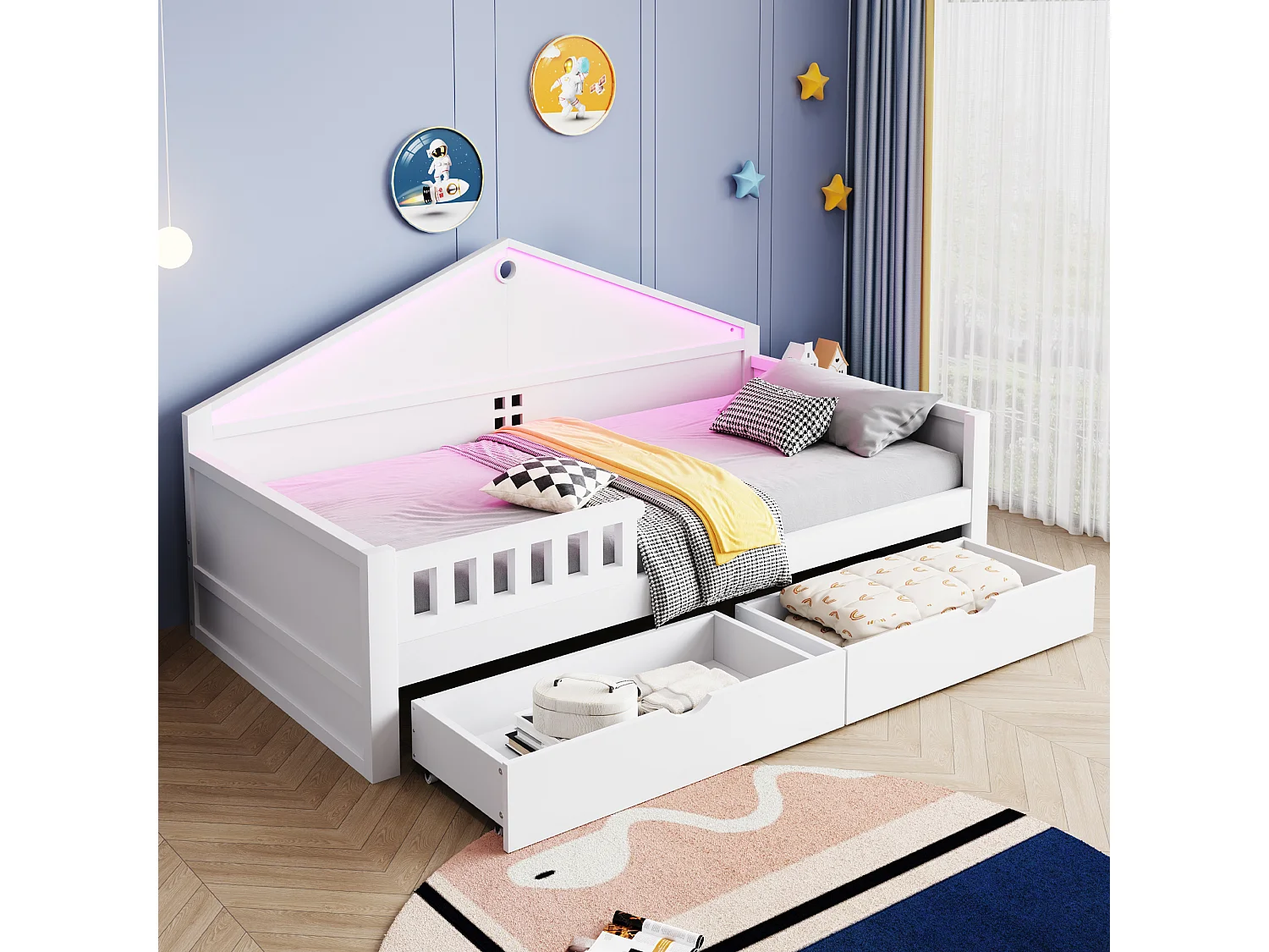 Łóżko pojedyncze dla dzieci - 90 x 200 cm - z oświetleniem LED + 2 szuflady + stelaż - drewno + płyta MDF - białe 4824847 - obrazek 1