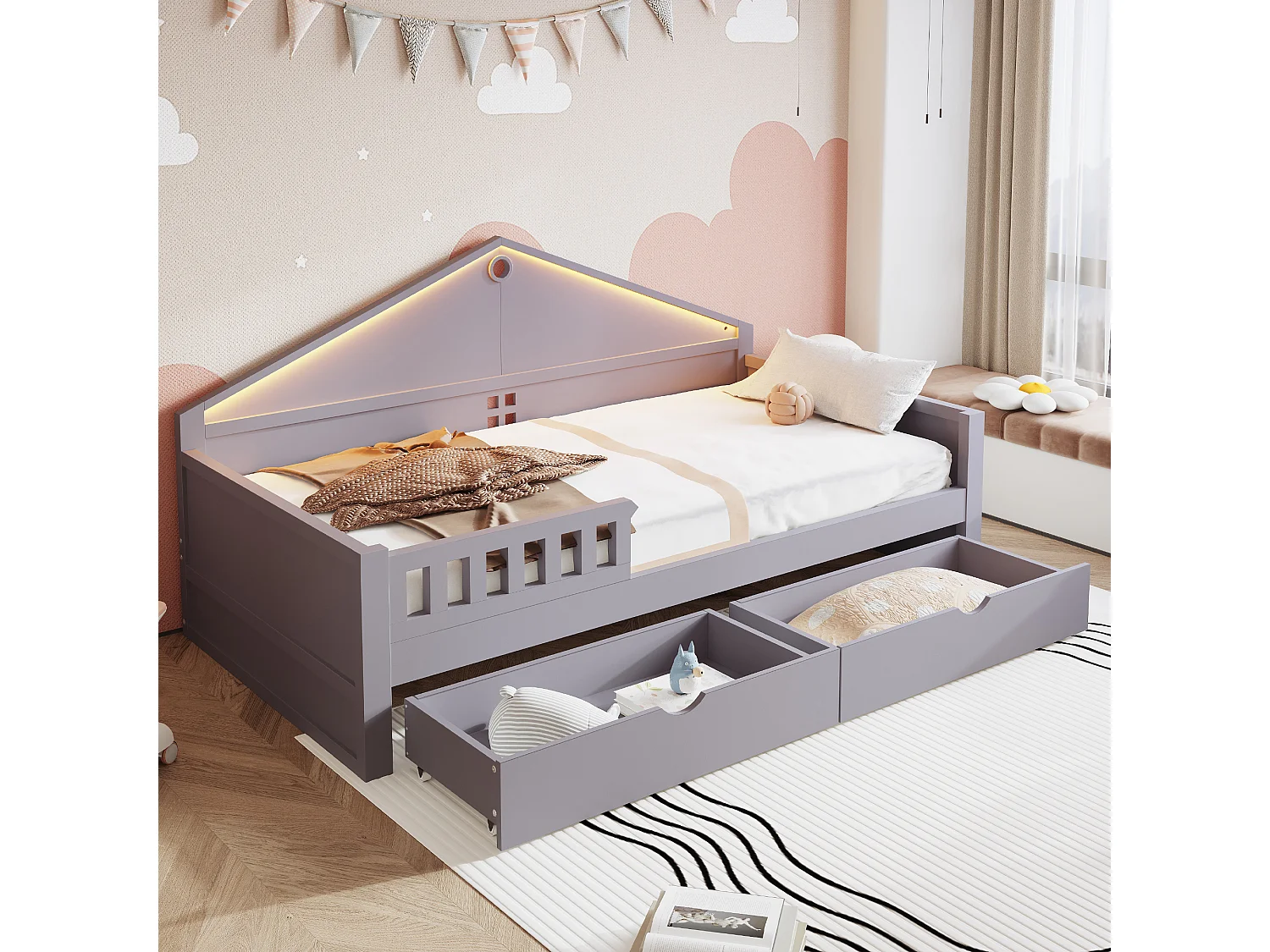Łóżko pojedyncze dla dzieci - 90 x 200 cm - z oświetleniem LED + 2 szuflady + stelaż - drewno + MDF - szare 4824855 - obrazek 1