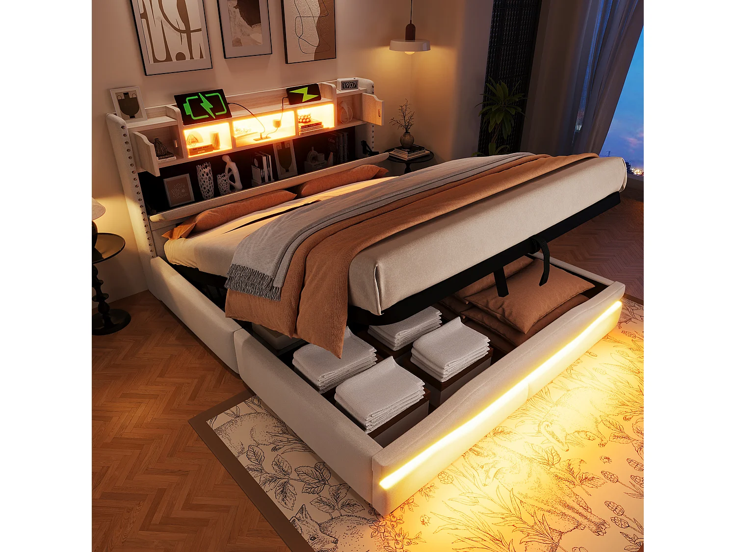 Łóżko tapicerowane z pojemnikiem - 160 x 200 cm - z USB-C + diodami LED - zagłówek ze schowkiem - len + płyta MDF - beż 4271820 - obrazek 1