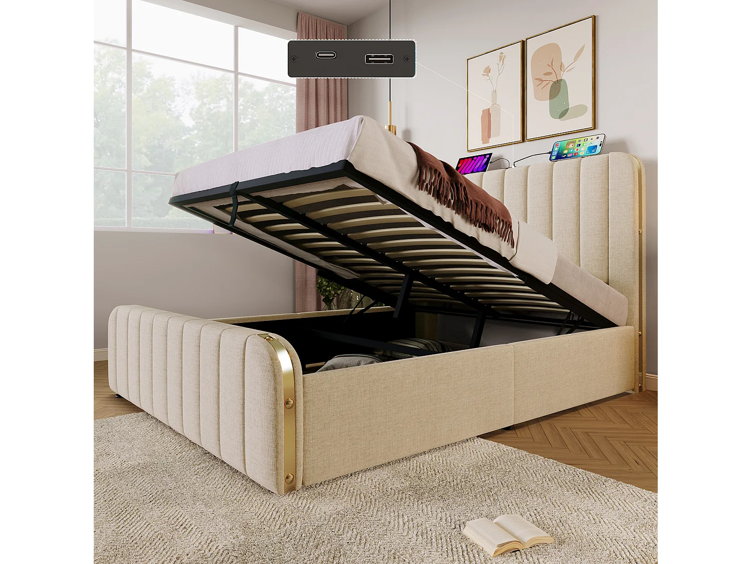 Łóżko tapicerowane dwuosobowe ze schowkiem - 160 x 200 cm - z zagłówkiem + USB typu C + schowek hydrauliczny - len - beż 4901821 - obrazek 1