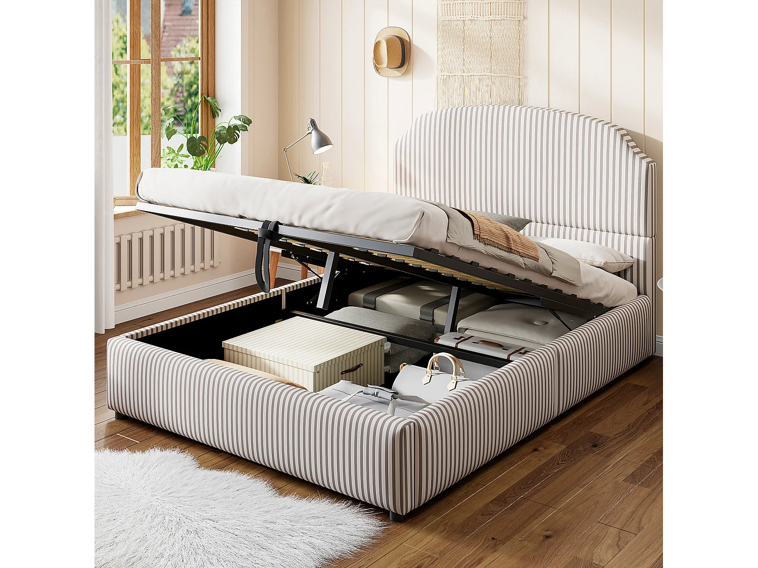 Łóżko tapicerowane ze schowkiem - 140 x 200 cm - z hydraulicznym schowkiem + zagłówek - MDF + metal + sklejka - Biały + Antracyt 4824890 - obrazek 1