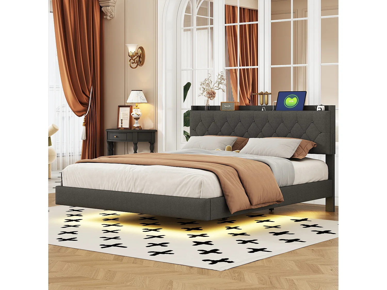Łóżko tapicerowane 160 x 200 cm z wezgłowiem - Port USB i diody LED - Tkanina lniana - Szare (bez materaca) 3508818 - obrazek 1