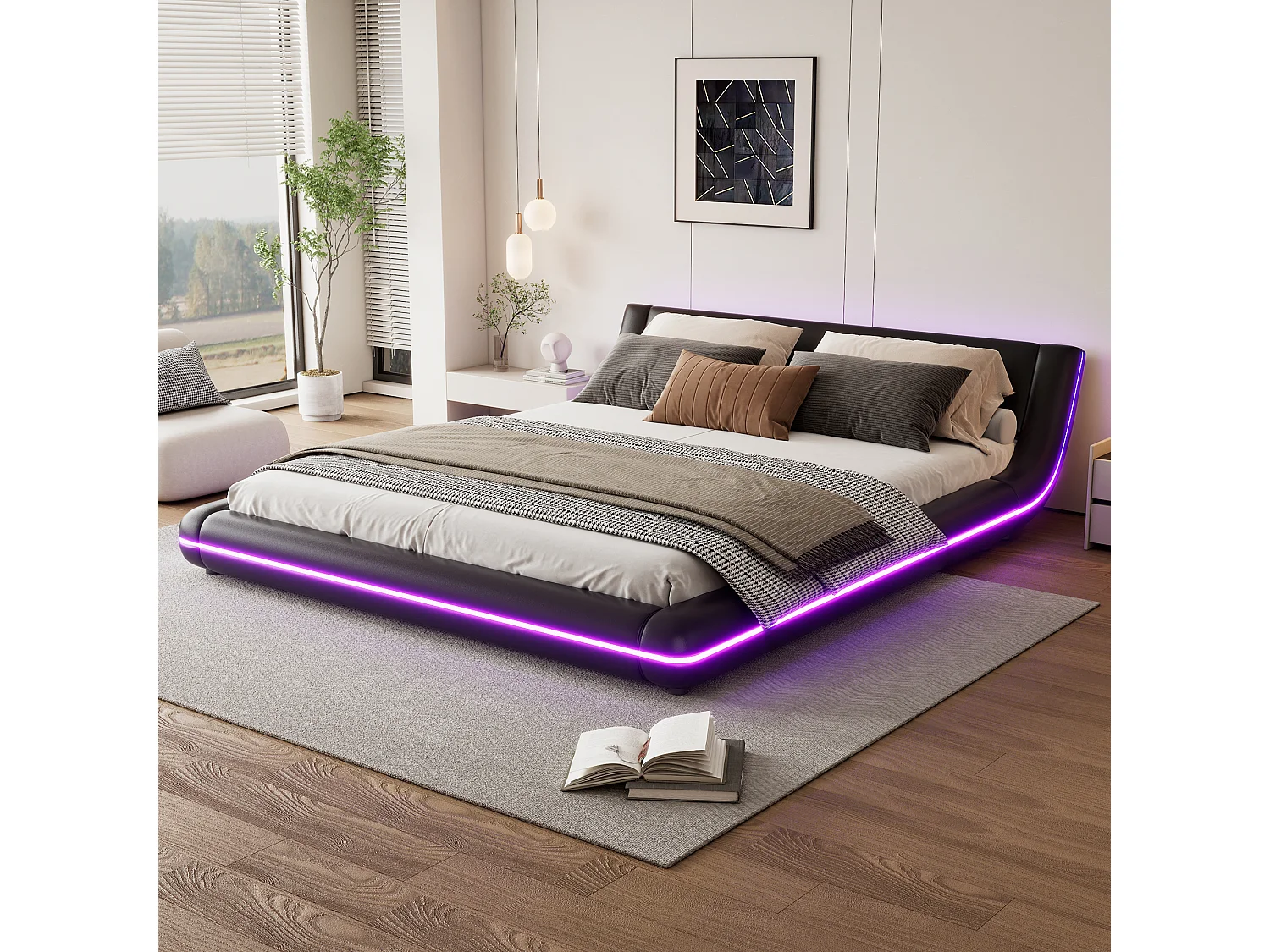 Łóżko płaskie 160 x 200 cm z wezgłowiem - tapicerowane skórą PU - diody LED - elegancki styl - czarne 3453589 - obrazek 1