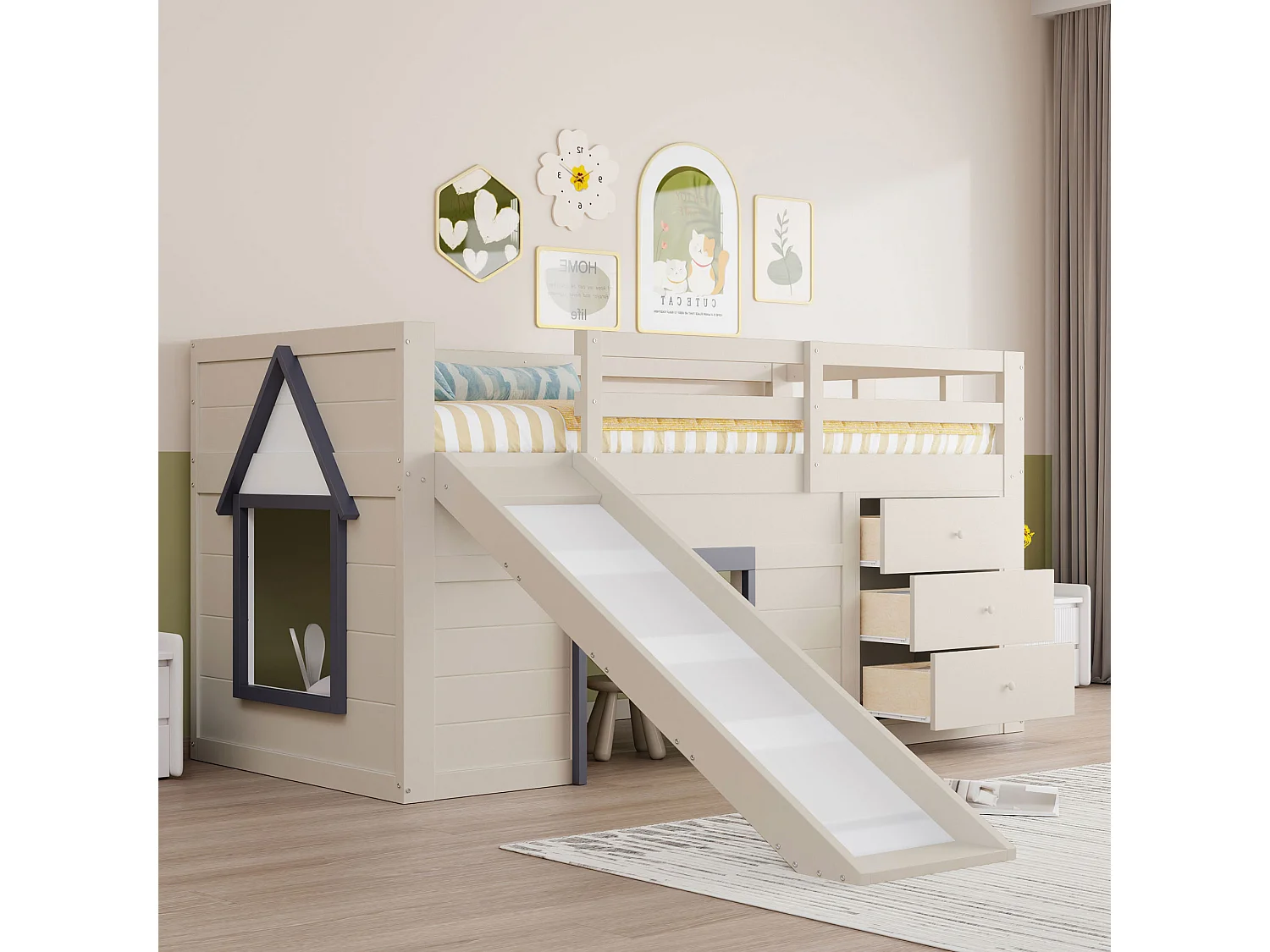 Łóżko piętrowe dla dzieci - 90 x 200 cm - z wysuwaną półką + 3 szuflady + 2 drzwi - płyta MDF + sosna - białe 4297184 - obrazek 1