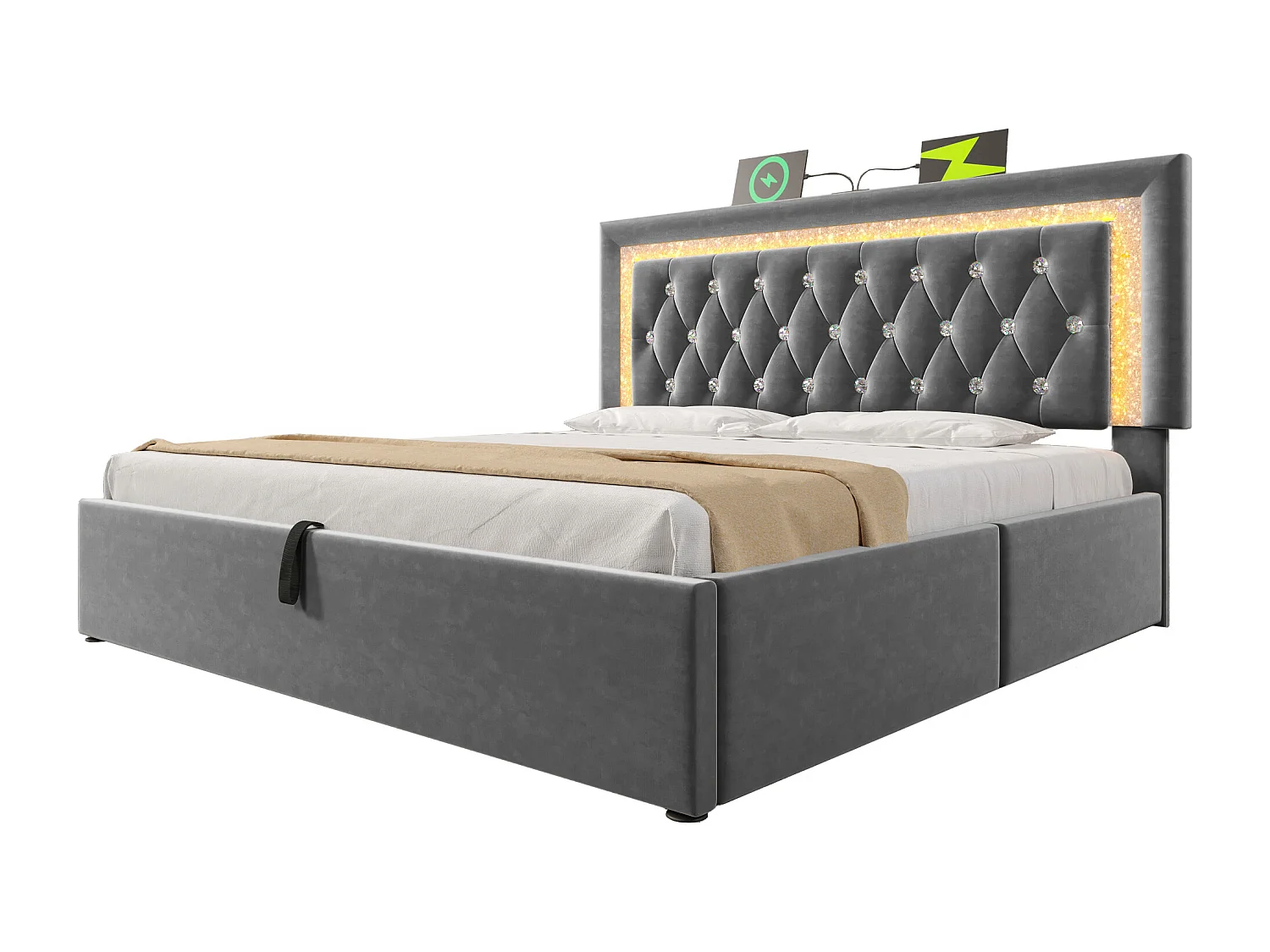 Łóżko tapicerowane dwuosobowe ze schowkiem - 180 x 200 cm - zagłówek z diodami LED + porty USB i typu C - hydrauliczny schowek - aksamit - szary 4802710 - obrazek 1