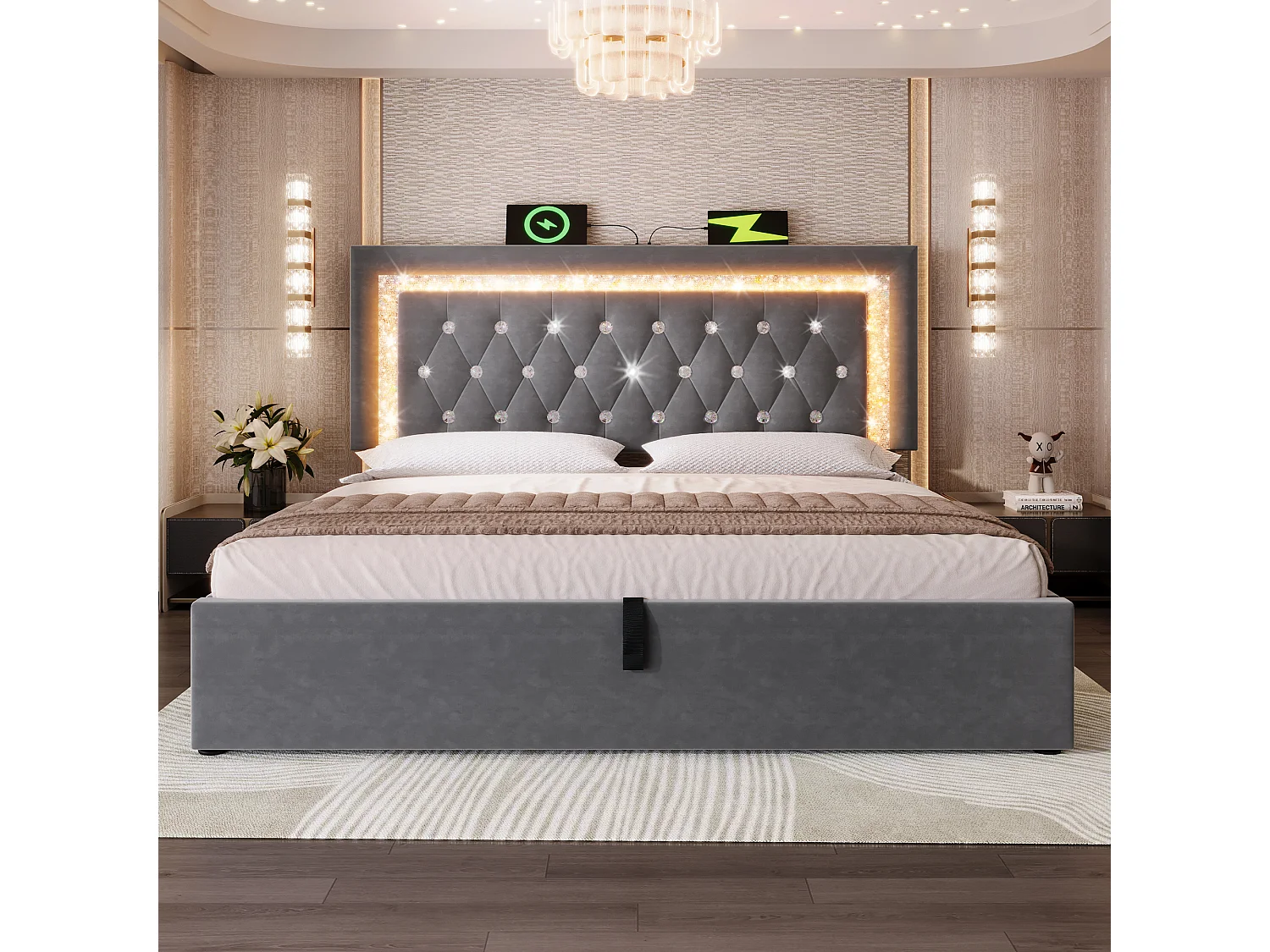 Łóżko tapicerowane dwuosobowe ze schowkiem – 160 x 200 cm – zagłówek z diodami LED + porty USB i typu C – hydrauliczny schowek – aksamit – szary 4802684