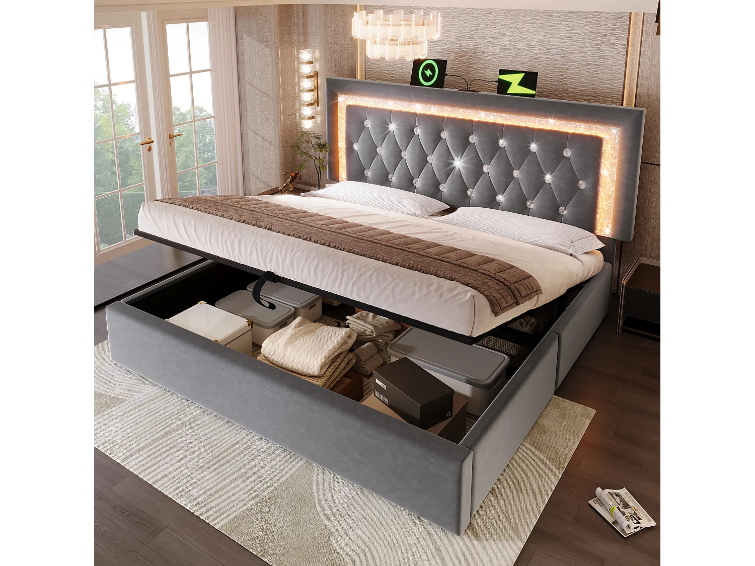 Łóżko tapicerowane dwuosobowe ze schowkiem - 140 x 200 cm - zagłówek z diodami LED + porty USB i typu C - hydrauliczny schowek - aksamit - szary 4802688 - obrazek 1
