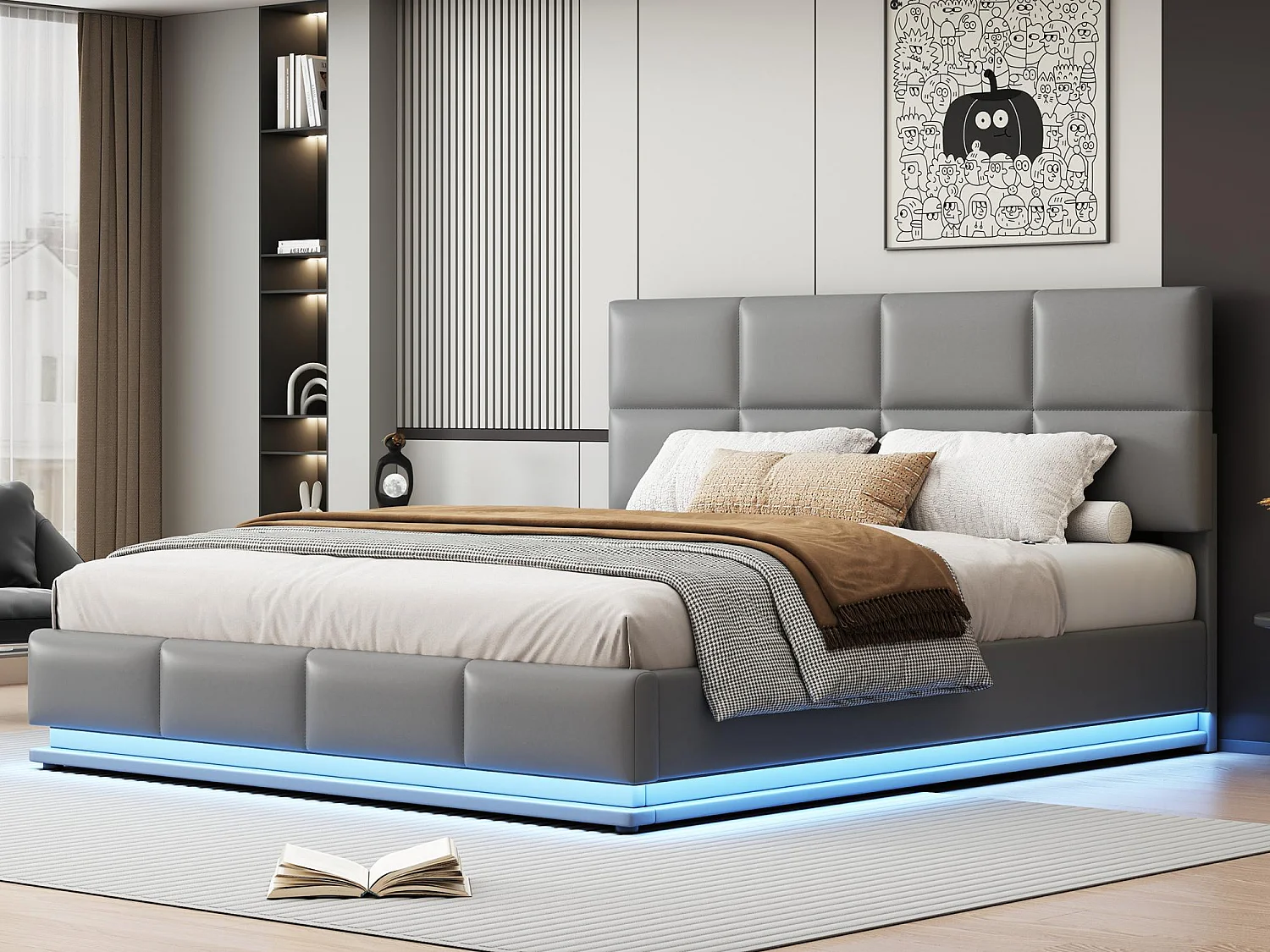 Łóżko tapicerowane z pojemnikiem 180x200 cm z oświetleniem LED – ze skóry ekologicznej – jasnoszare 4955213 - obrazek 1