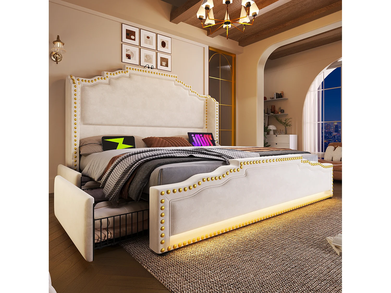 Łóżko tapicerowane dwuosobowe z pojemnikiem - 180 x 200 cm - z diodami LED + USB-C + 4 szuflady - aksamitne - beżowe 4955217 - obrazek 1