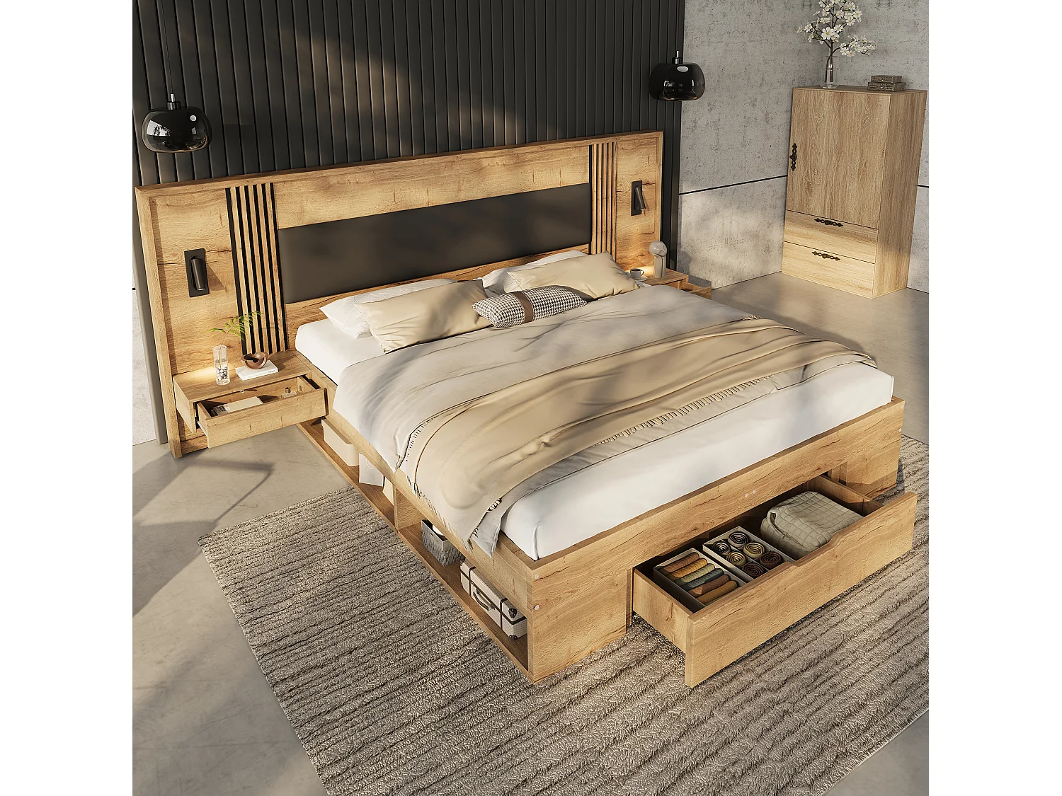 Łóżko podwójne z pojemnikiem – 180 x 200 cm – z lampką do czytania + 2 szafki nocne + szuflady – drewno – naturalne 4955221