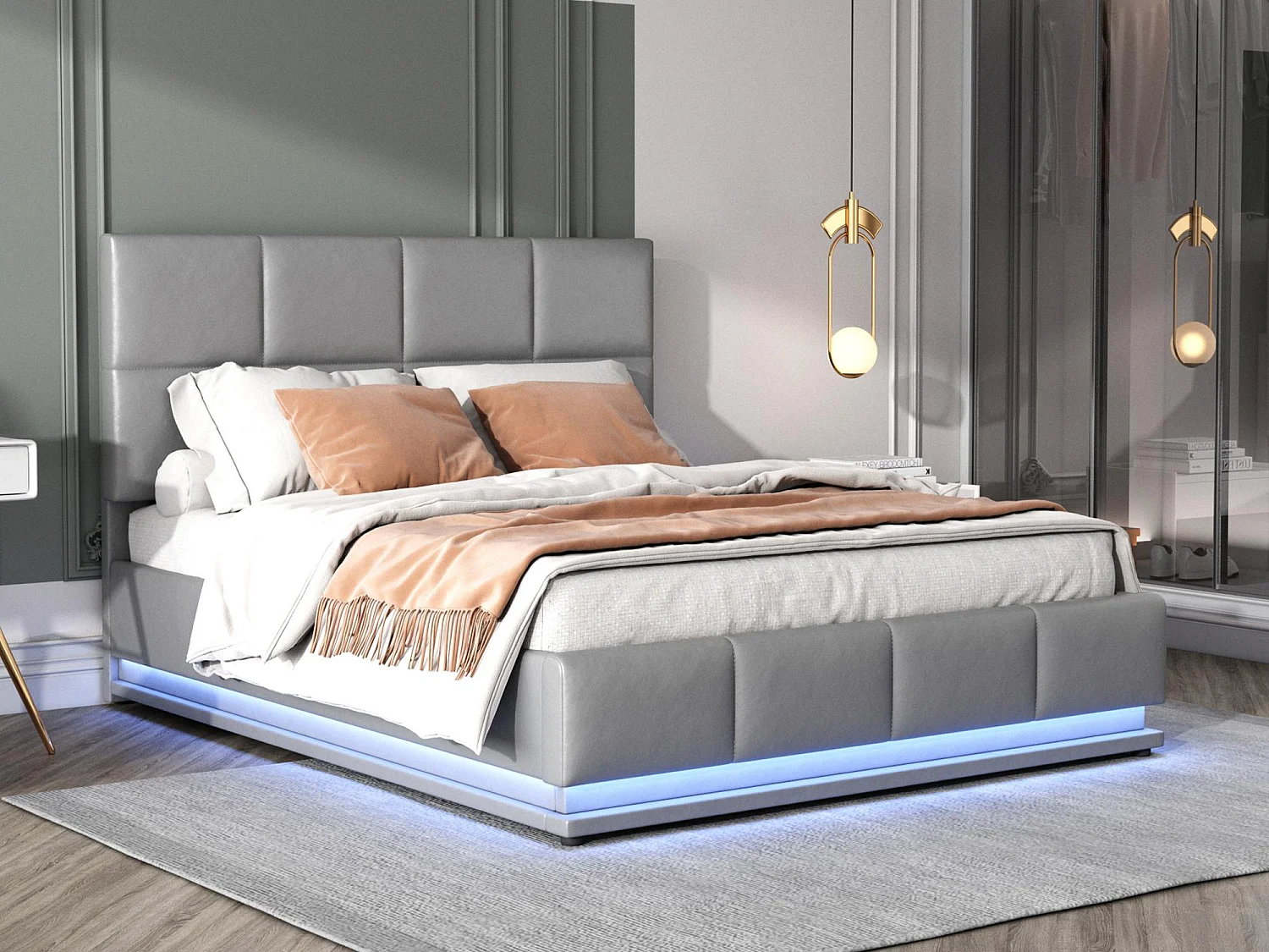Łóżko skrzynia tapicerowane 140x200 cm z oświetleniem LED - ze skóry ekologicznej - Szare 4955239 - obrazek 1