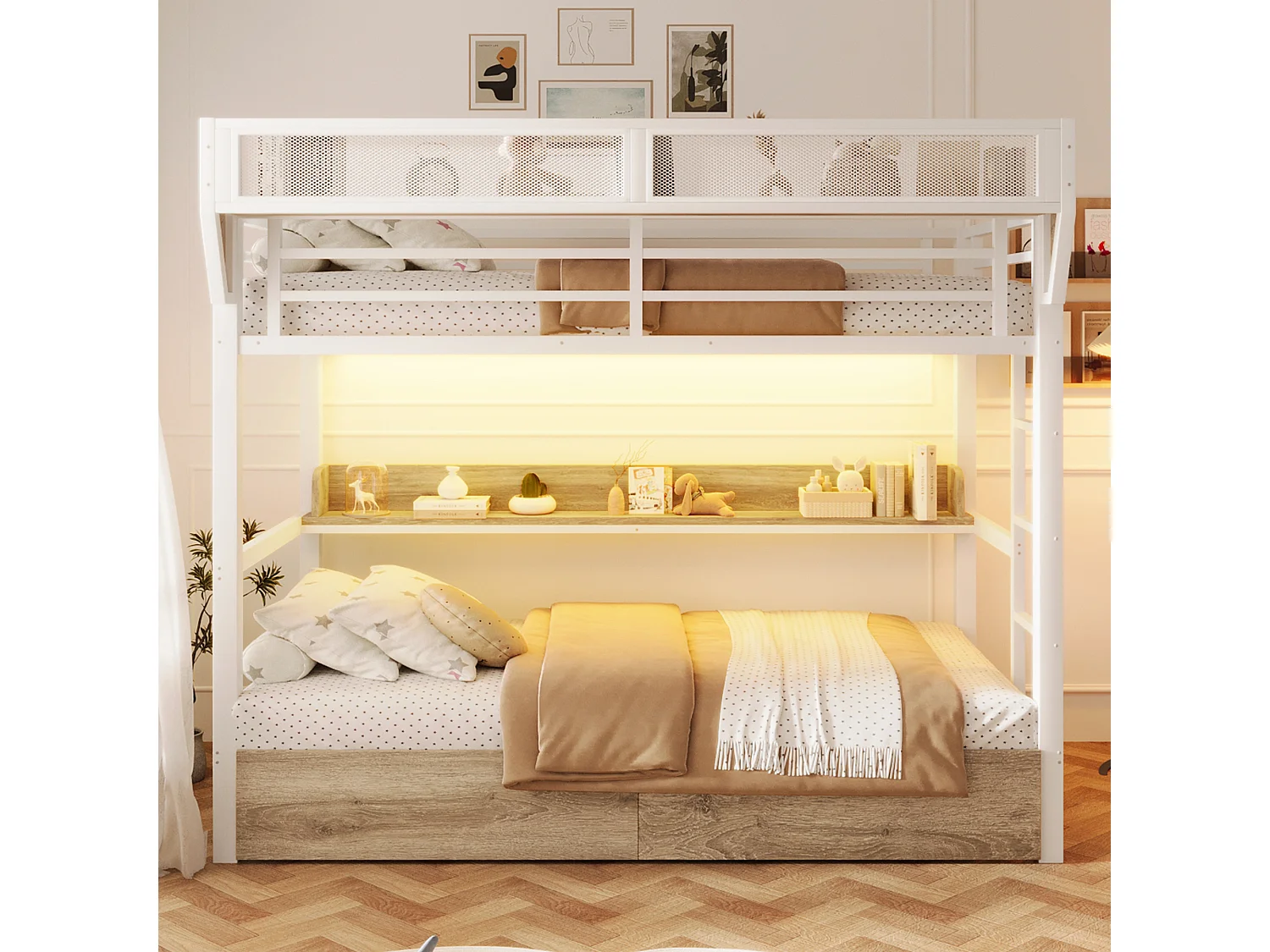 Łóżko piętrowe z ramą żelazną - 2 x 90 x 200 cm - z półką + koszem + 2 szufladami + diodami LED - metal + płyta MDF - białe 4955253 - obrazek 1