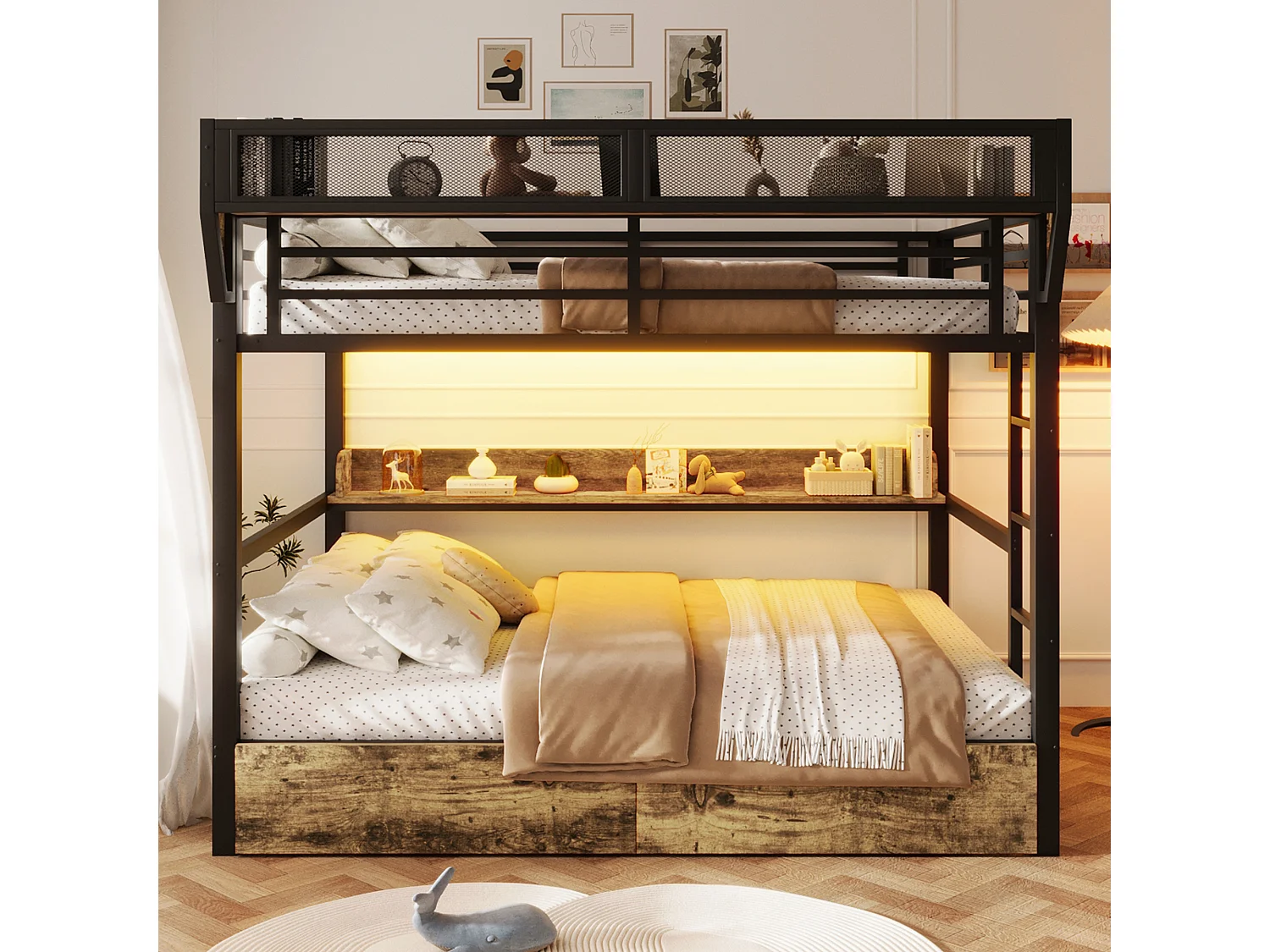 Łóżko piętrowe z ramą żelazną - 2 x 140 x 200 cm - z półką + koszem + 2 szufladami + diodami LED - metal + płyta MDF - czarne 4955254 - obrazek 1