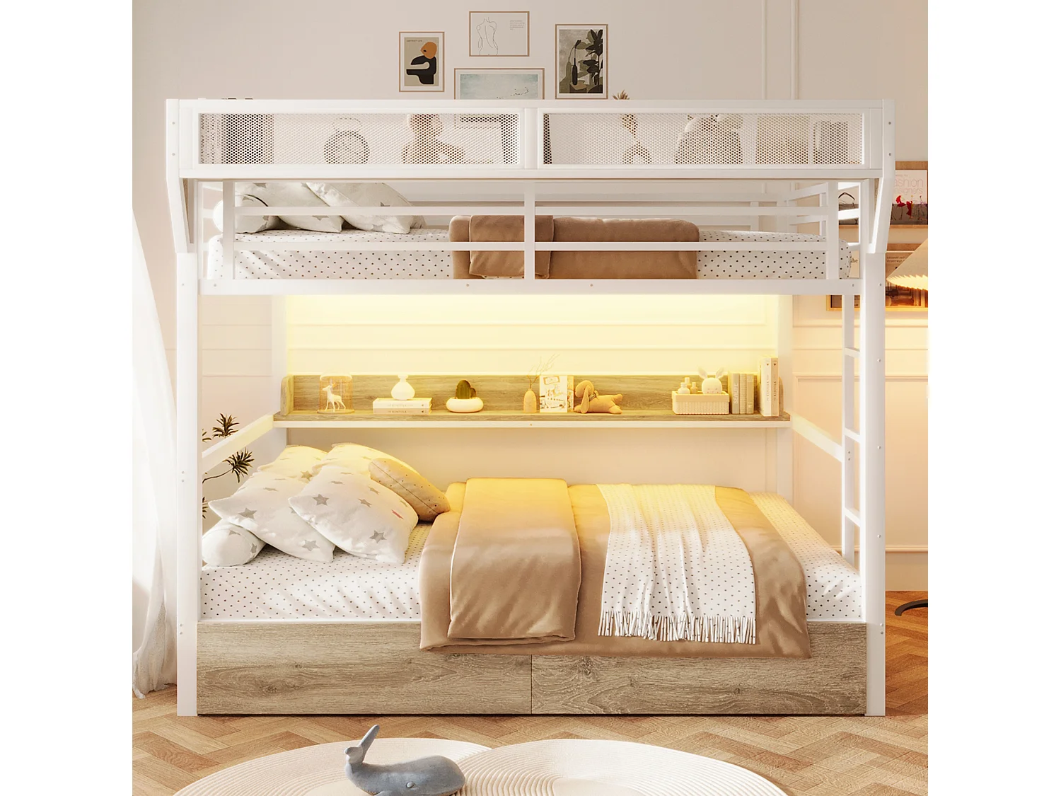 Łóżko piętrowe z ramą żelazną - 2 x 140 x 200 cm - z półką + koszem + 2 szufladami + diodami LED - metal + płyta MDF - białe 4955270 - obrazek 1