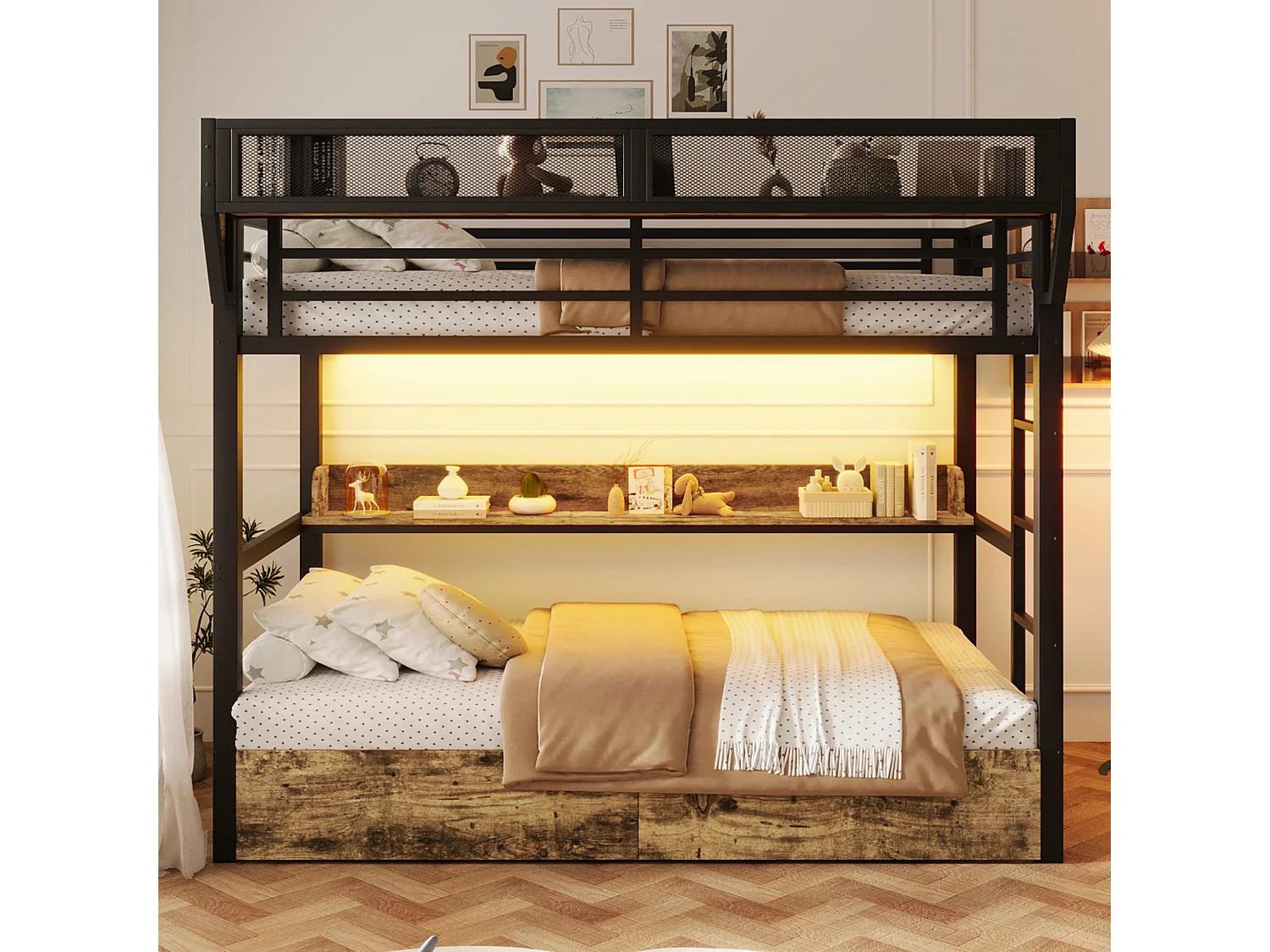 Łóżko piętrowe z ramą żelazną - 2 x 90 x 200 cm - z półką + koszem + 2 szufladami + diodami LED - metal + płyta MDF - czarne 4955272 - obrazek 1