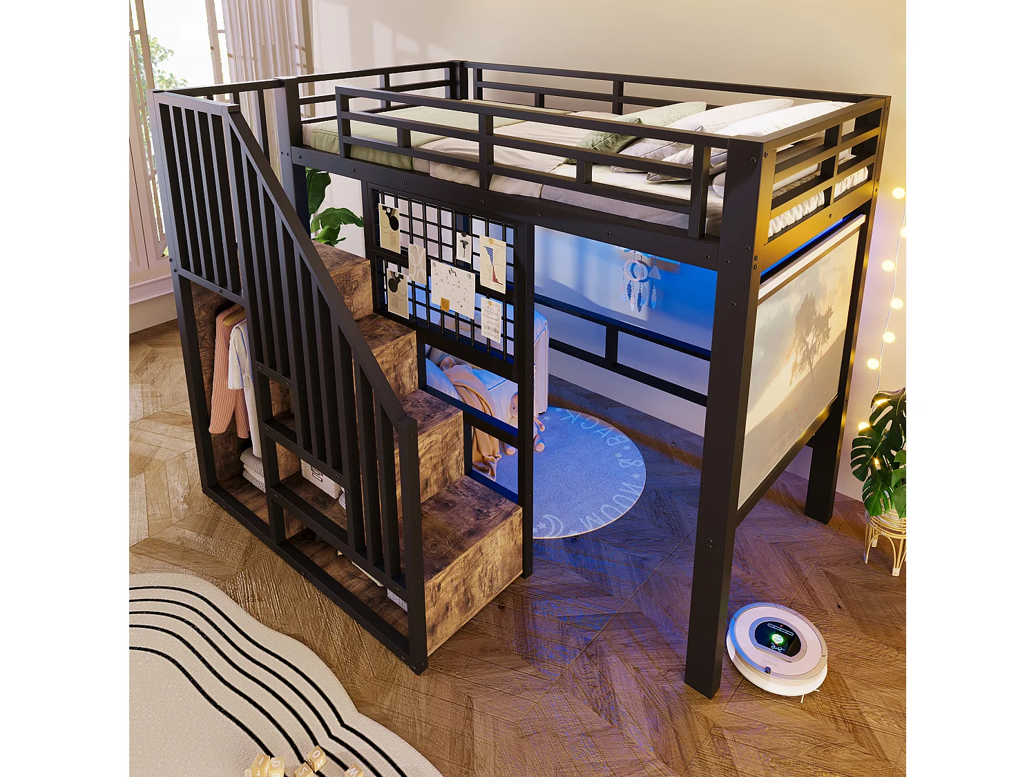 Łóżko piętrowe żelazne - 90 x 200 cm - z drabinką do przechowywania + szafa + oświetlenie LED - MDF + metal - czarne 4955292 - obrazek 1