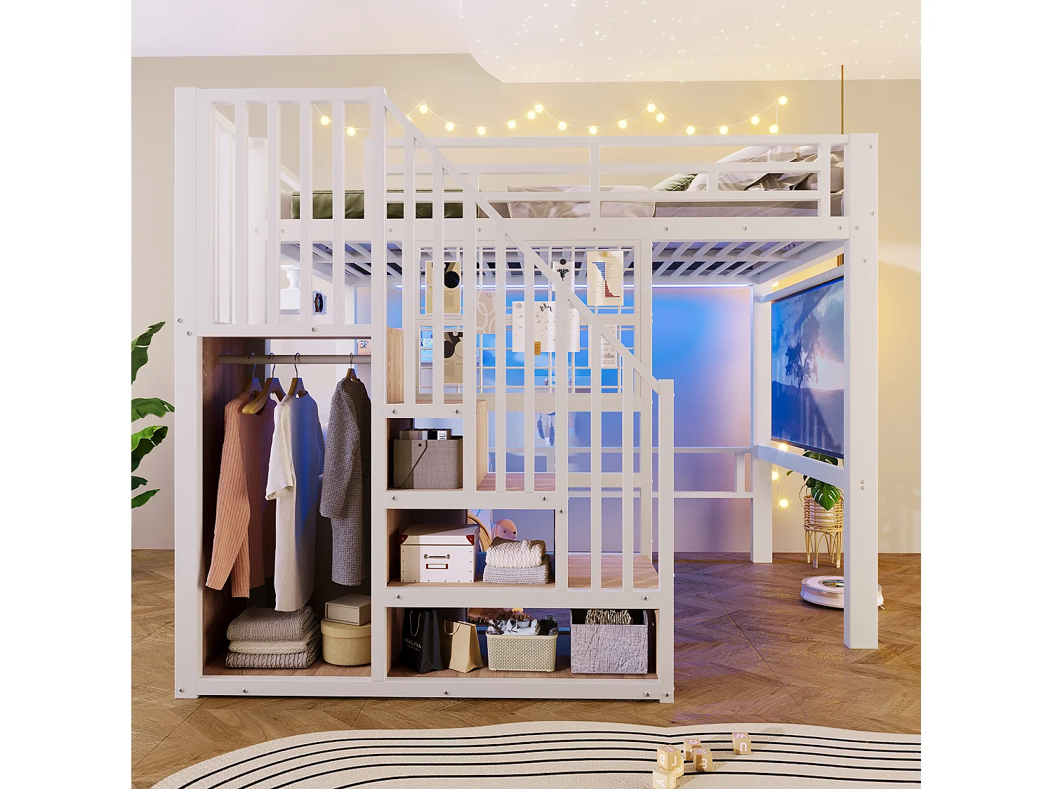 Łóżko piętrowe żelazne - 140 x 200 cm - z drabinką + szafą + oświetleniem LED - MDF + metal - białe 4955299 - obrazek 1