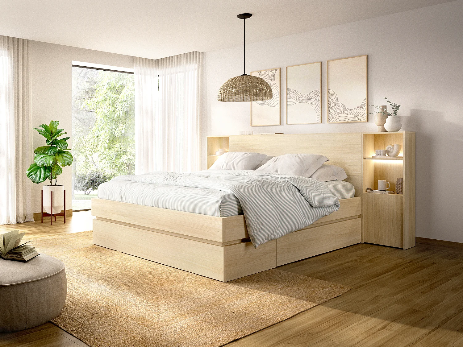 Łóżko z szafkami nocnymi i schowkami 160 x 200 cm – Z podświetleniem LED i portem USB – Kolor: Jasny naturalny – LARONIA 4923983