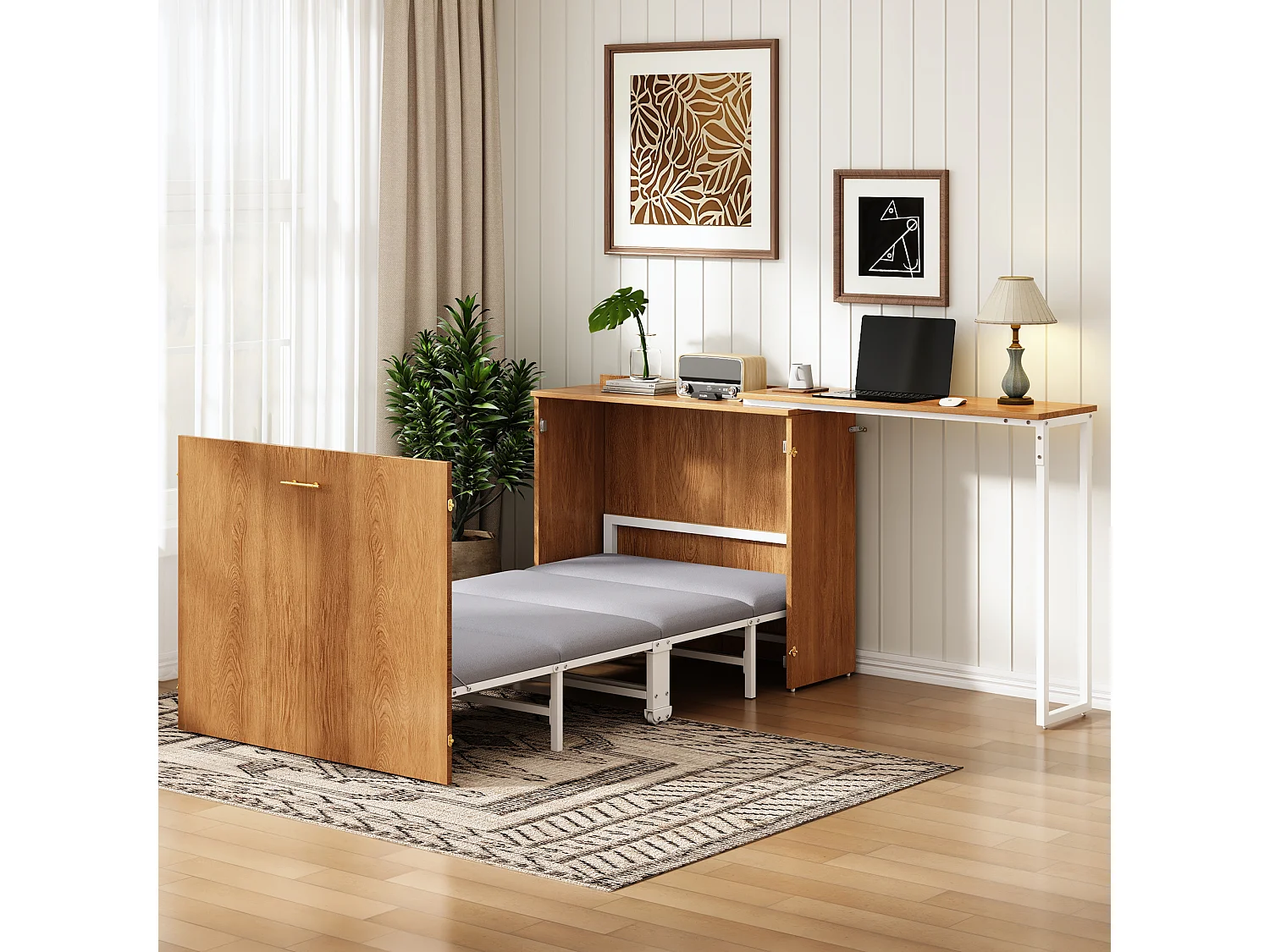Łóżko składane z obrotowym biurkiem i materacem - 90 x 200 cm - na kółkach - drewno + metal - naturalne 4957401 - obrazek 1