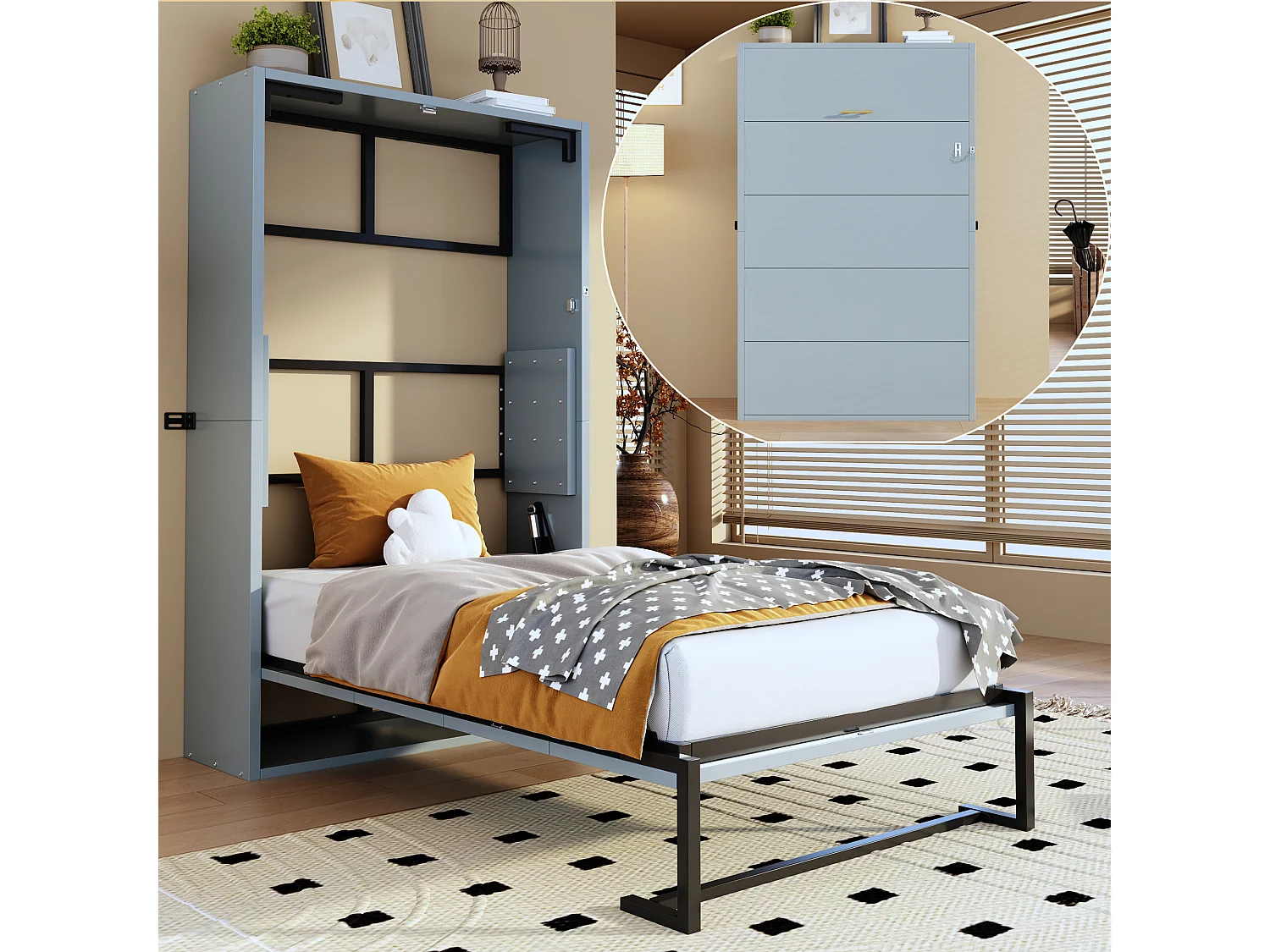 Łóżko składane ścienne – 90 x 200 cm – metalowa rama – ścienne – drewno + metal – szare 4957407