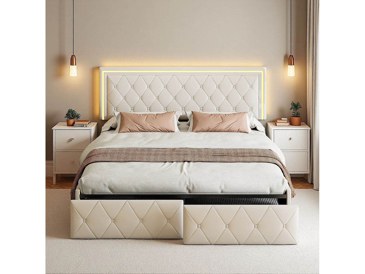 Nowoczesne łóżko podwójne białe 140x200 z pojemnikiem, taśmą LED RGB, obiciem z ekoskóry, czarną ramą metalową 4749894 - obrazek 1