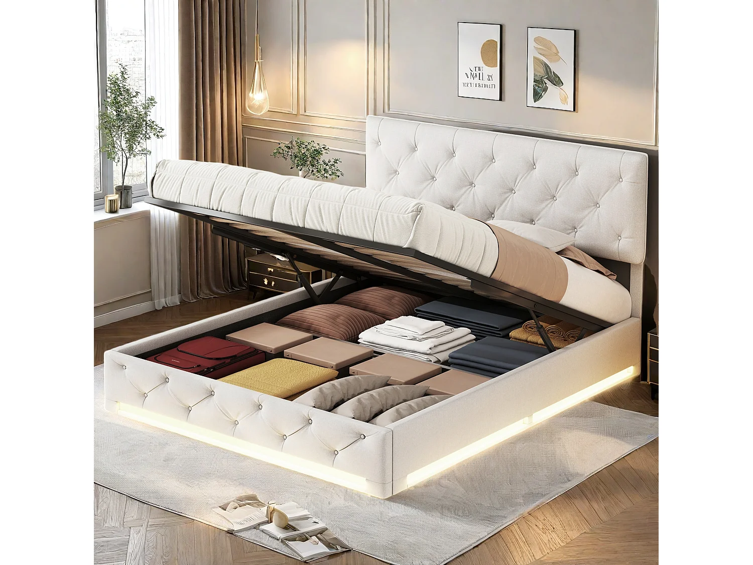 Łóżko Skrzyniowe dla Dorosłych 160x200 cm Beżowa Tkanina Lniana z LED, Regulowany Zagłówek i Hydrauliczna Przestrzeń do Przechowywania - Styl Skandynawski 4225979 - obrazek 1