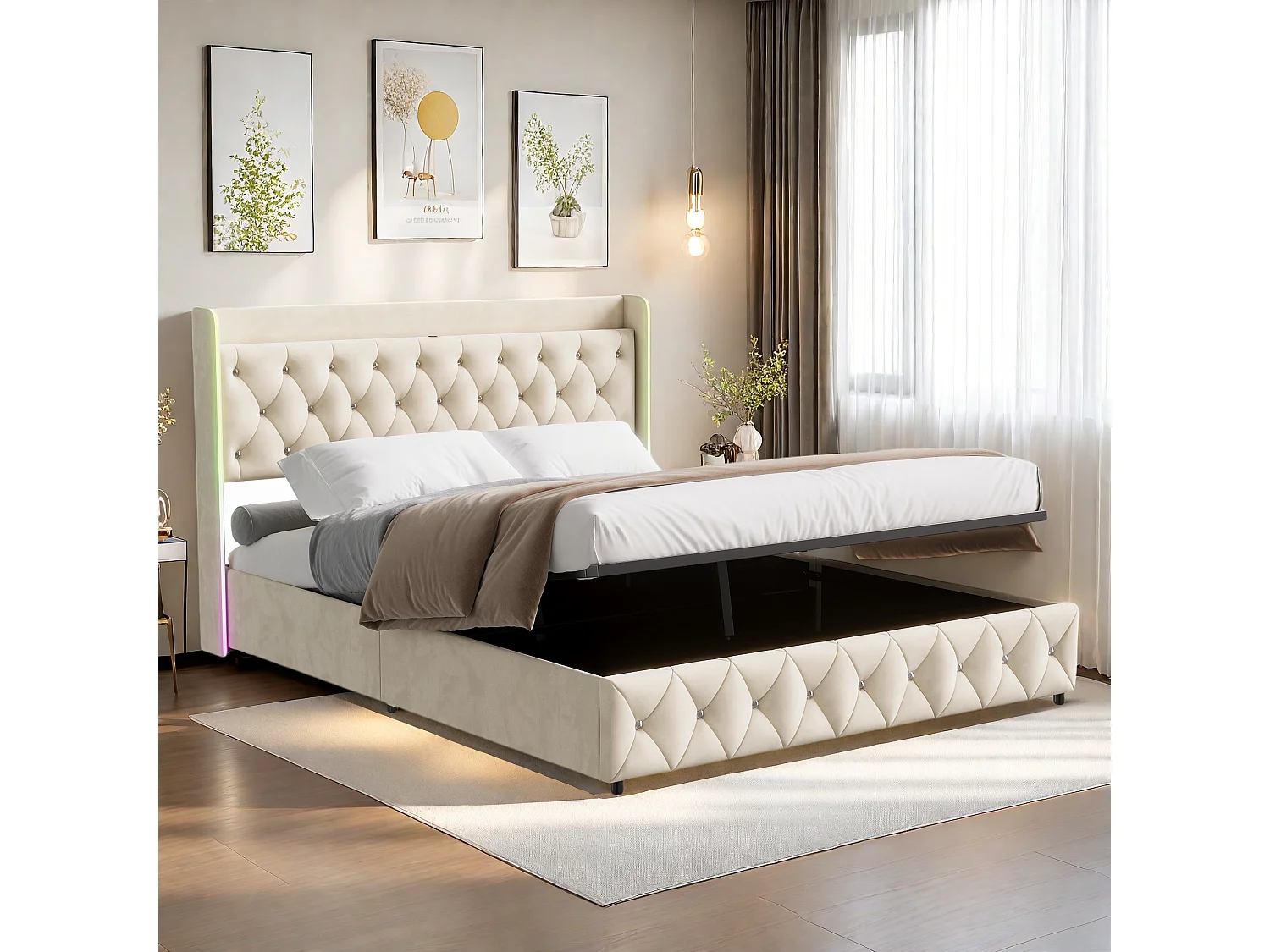 Łóżko Skrzyniowe 140x200 cm Dla Dorosłych Beżowy Aksamit z Wbudowanym LED, Stelażem Listwowym i Hydraulicznym Schowkiem 4226017 - obrazek 1