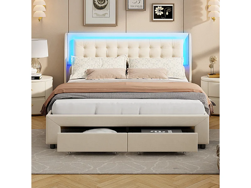 Nowoczesne podwójne łóżko z beżowego aksamitu 140x190cm z hydraulicznym schowkiem, podświetleniem LED RGB, nośnością 350kg 4749873