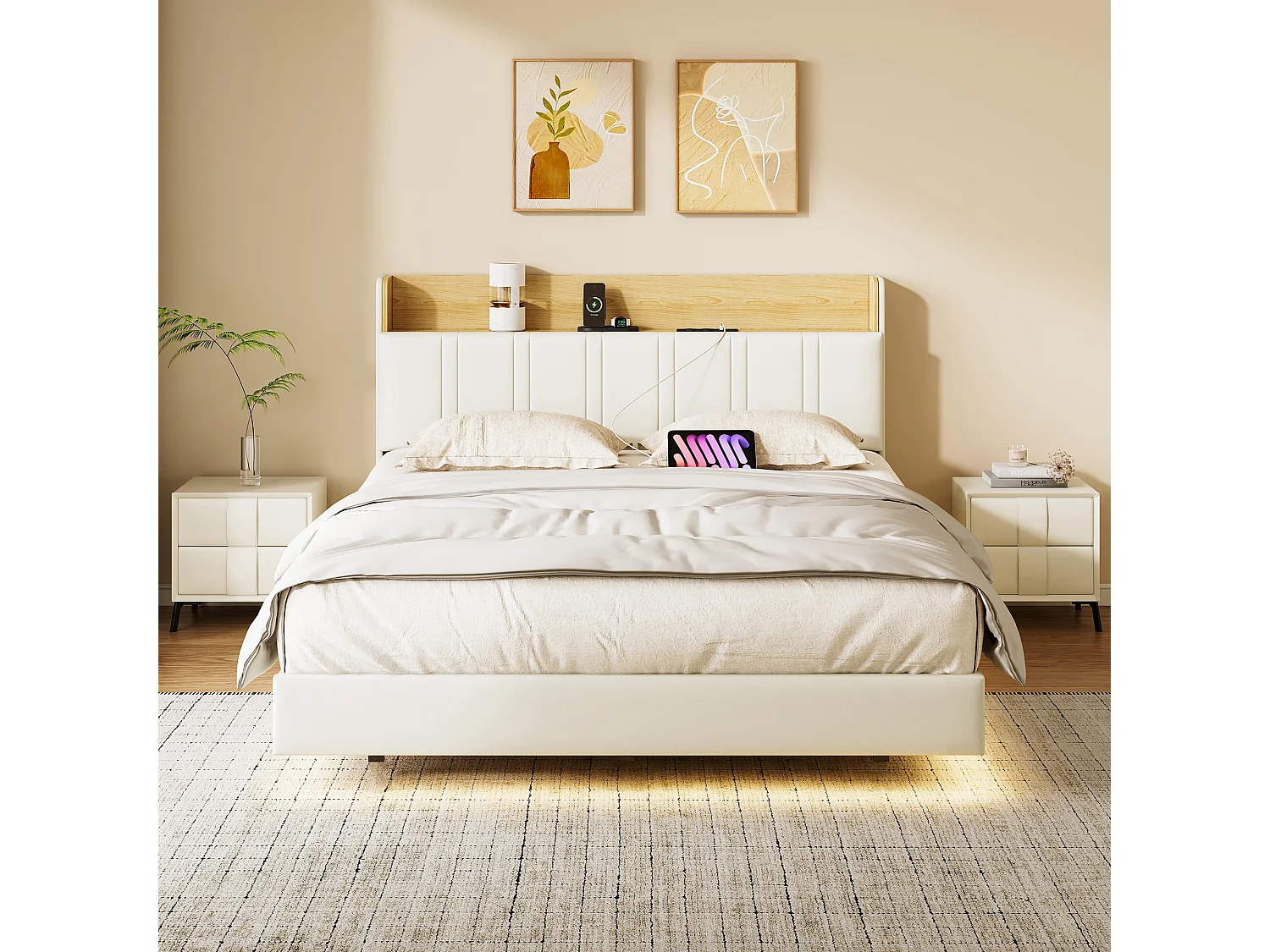 Łóżko Pikowane 160x200 cm Białe Efekt Unoszenia z LED, Przechowywanie w Zagłówku i Port USB, Skóra Ekologiczna, Metalowa Rama i Drewniane Listwy 4749886 - obrazek 1