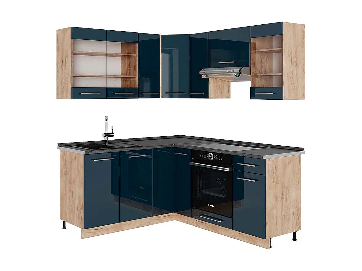 Kuchnia narożna ciemnoniebieski wysoki połysk/dąb goldkraft 190x60x81.6 fame-line 4779418 - obrazek 1