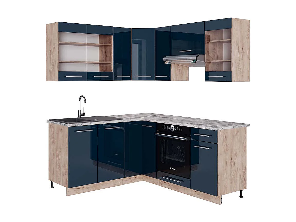 Kuchnia narożna ciemnoniebieski wysoki połysk/dąb goldkraft 190x60x81.6 fame-line 4779344 - obrazek 1