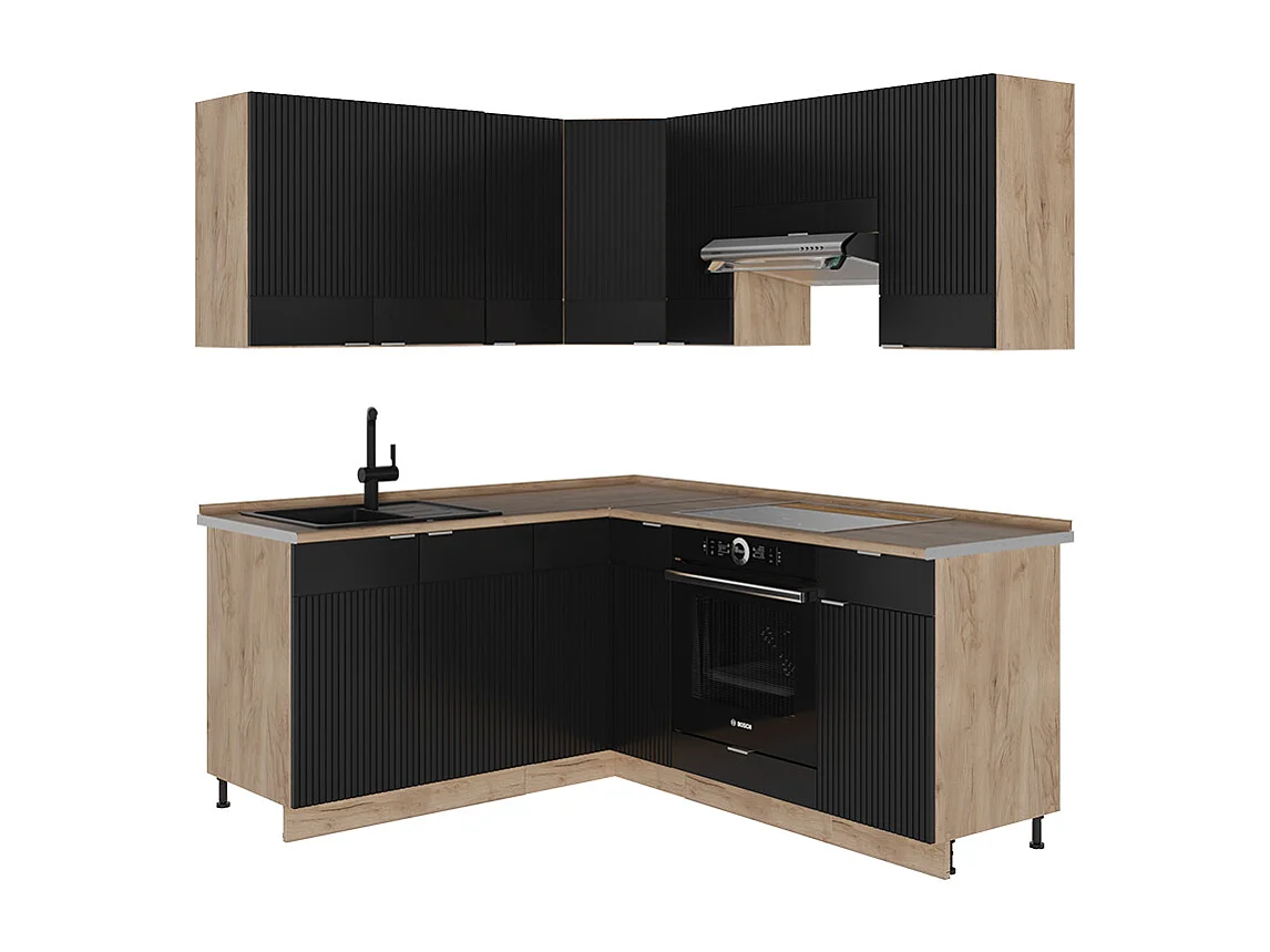 Kuchnia narożna czarne paski/dąb goldkraft 190x46x81.6 fame-line 4780236