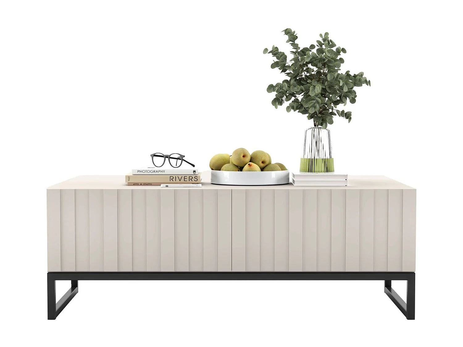 Ława kawowa z 2 drzwiami - Korpus kaszmir mat, fronty ryflowane kaszmir mat - 110 cm, czarna metalowa rama 4804670 - obrazek 1
