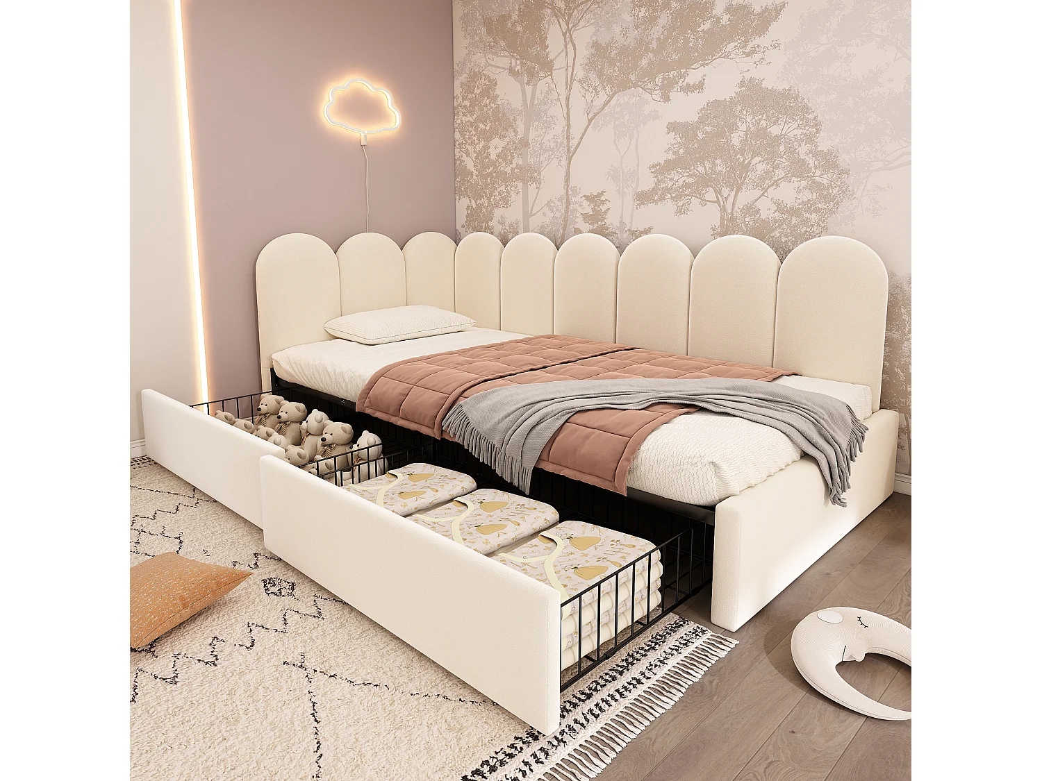 Łóżko tapicerowane dla dzieci z pojemnikiem – 90 x 190 cm – z 2 szufladami + stelaż – sofa rozkładana – aksamit – beż 4832428