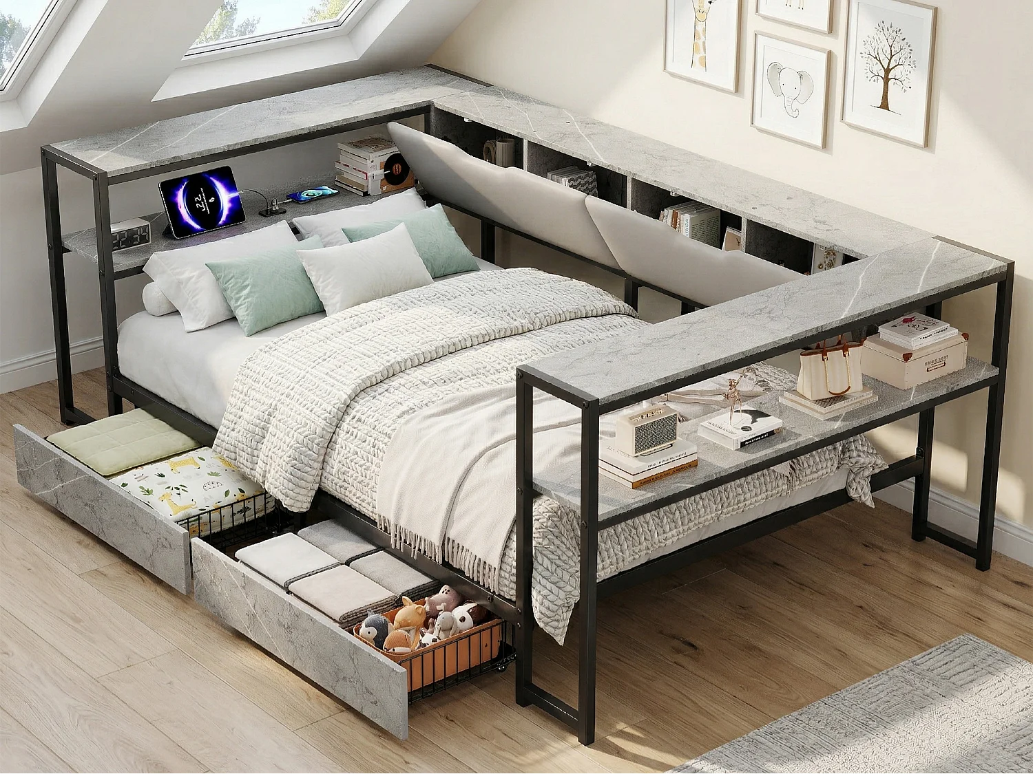 Łóżko tapicerowane 90×200 cm – Port USB – 2 szuflady i schowki – Metalowy stelaż listwowy – Szary (bez materaca) 4964225