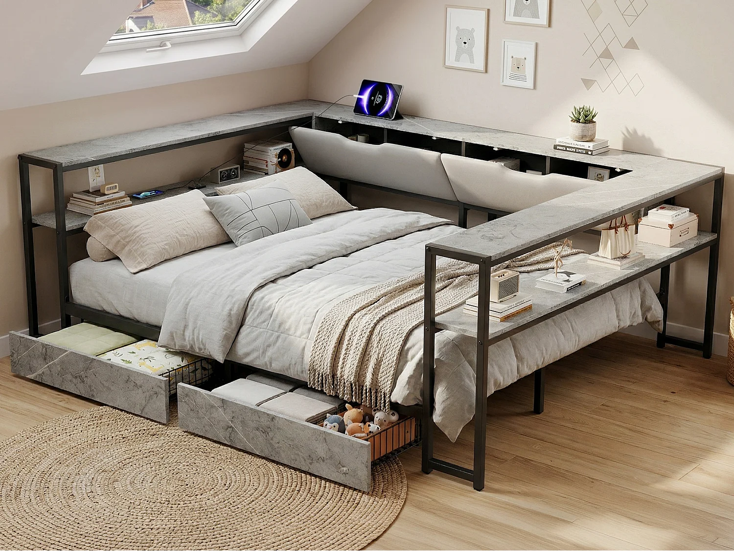 Łóżko tapicerowane 140x200 cm - Port USB - 2 szuflady i schowki - Metalowy stelaż listwowy - Szary (bez materaca) 4964231 - obrazek 1