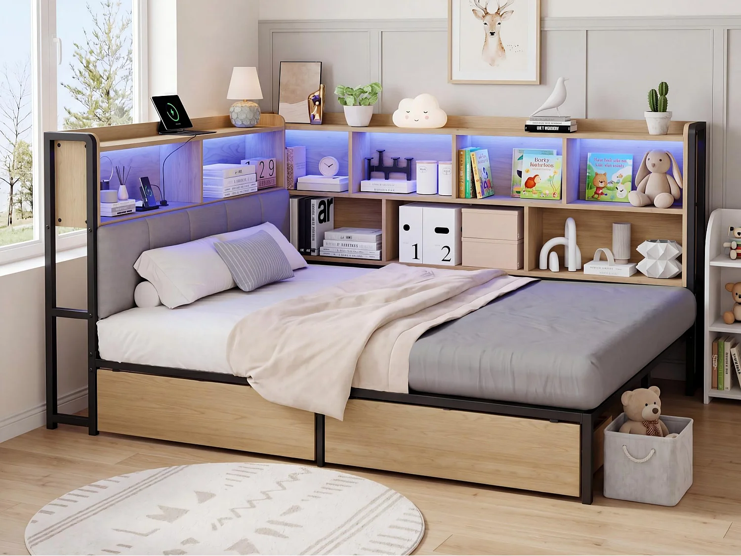 Łóżko tapicerowane 140x200 cm - Z LED i portem USB - 2 szuflady i schowki - MDF - naturalne (bez materaca) 4964243 - obrazek 1