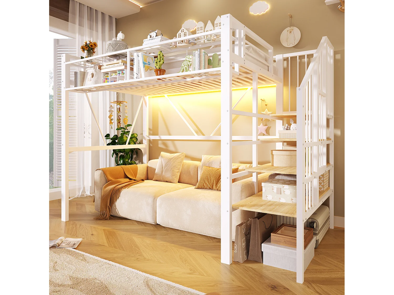 Łóżko piętrowe typu loft 90 x 200 cm - metalowa konstrukcja - z półkami wielopoziomowymi - z taśmą LED - białe (materac nie wchodzi w skład zestawu) 4983766 - obrazek 1