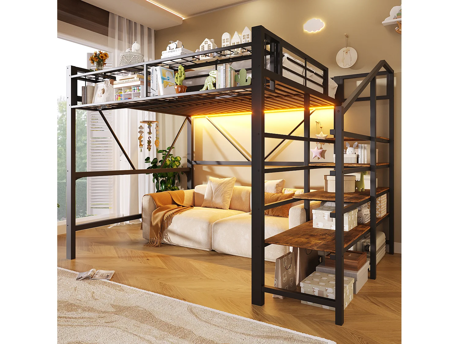 Łóżko piętrowe typu loft 140 x 200 cm - metalowa konstrukcja - z półkami wielopoziomowymi - z taśmą LED - czarne (materac nie wchodzi w skład zestawu) 4983776 - obrazek 1