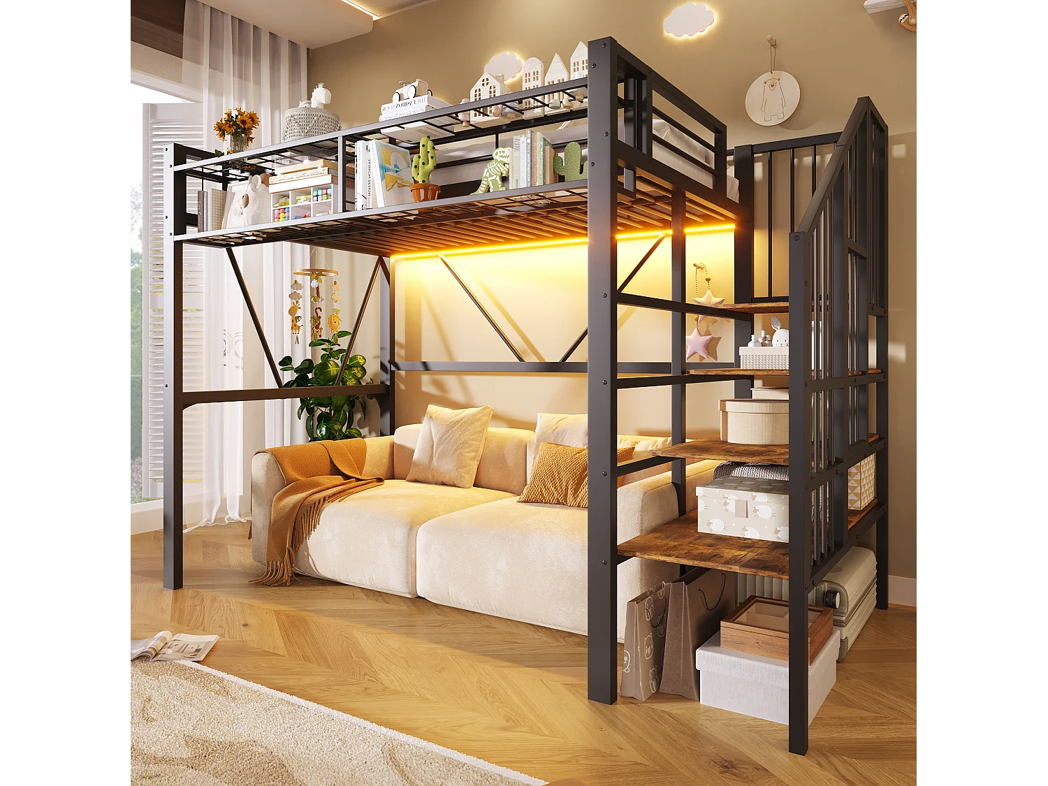 Łóżko piętrowe typu loft 90 x 200 cm - metalowa konstrukcja - z półkami wielopoziomowymi - z taśmą LED - czarne (materac nie wchodzi w skład zestawu) 4983793 - obrazek 1