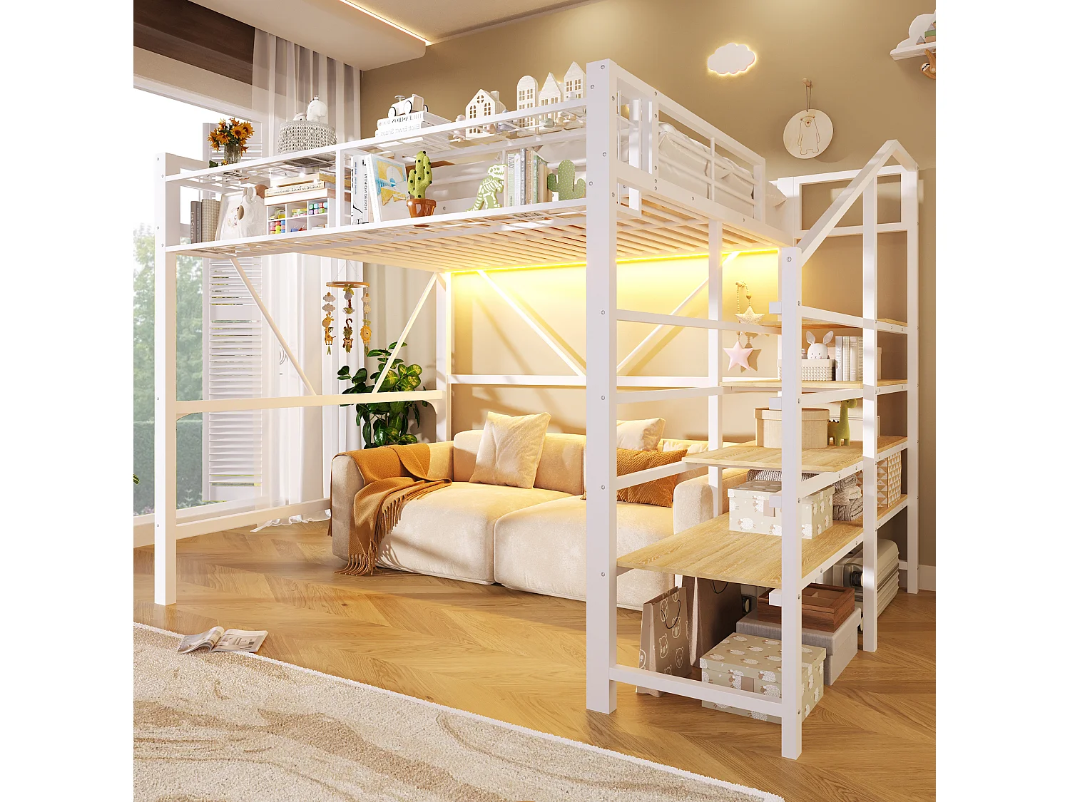 Łóżko piętrowe typu loft 140 x 200 cm - metalowa konstrukcja - z półkami wielopoziomowymi - z taśmą LED - białe (materac nie wchodzi w skład zestawu) 4983795 - obrazek 1