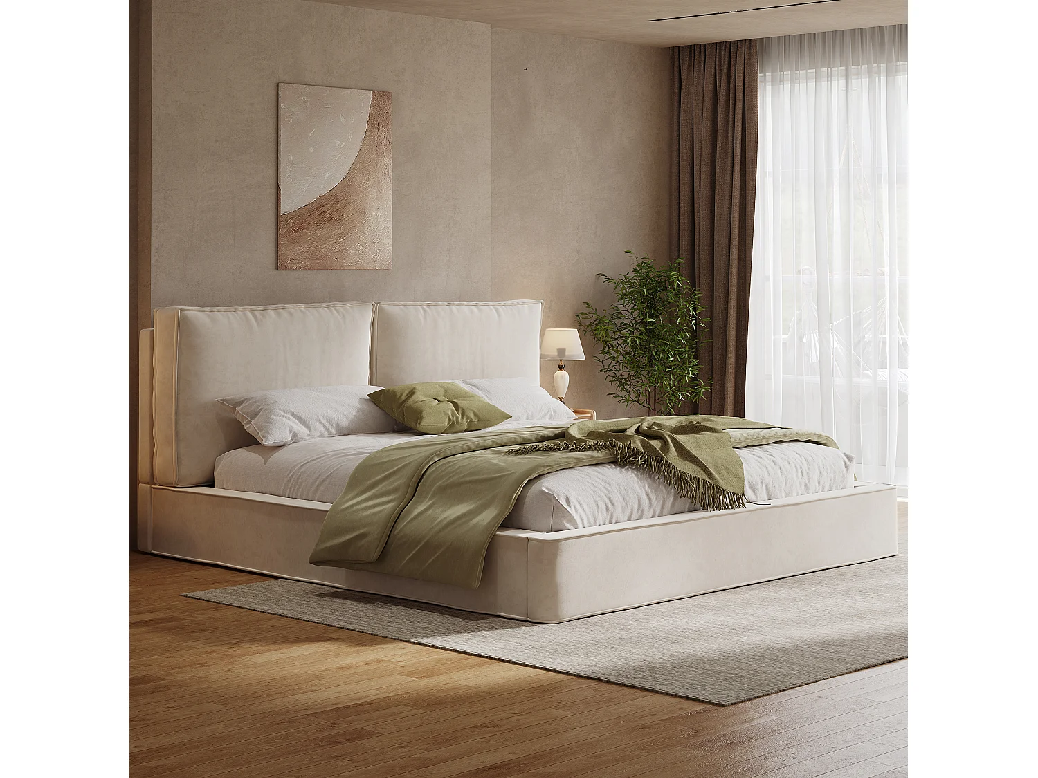 Łóżko tapicerowane dwuosobowe - 160 x 200 cm - z podstawą z listew + zagłówek - szenil - beż 4983903 - obrazek 1
