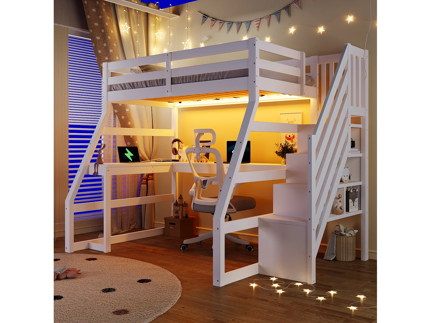 Łóżko piętrowe dla dzieci drewniane - 90 x 200 cm - z biurkiem + oświetlenie LED + port USB + drabinka - MDF - białe 4983951 - obrazek 1