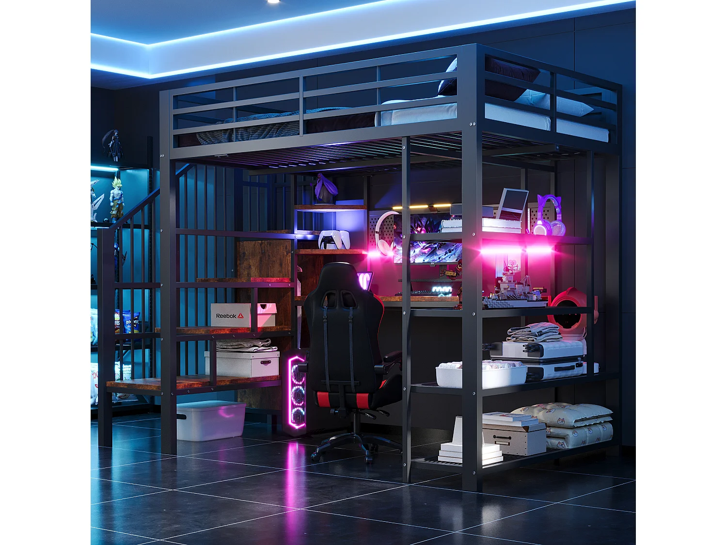 Łóżko piętrowe żelazne - 140 x 200 cm - z biurkiem + oświetleniem LED + półkami i drabinką - metal + płyta MDF - czarne 4983946 - obrazek 1