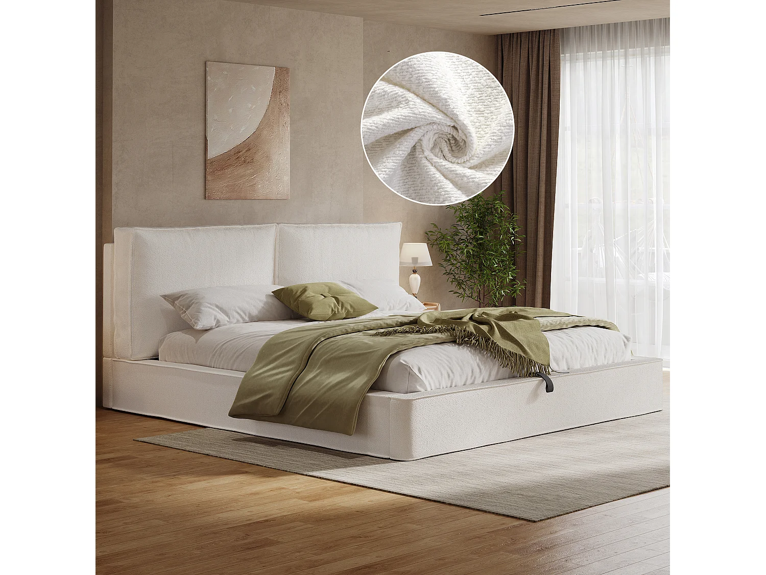 Łóżko tapicerowane dwuosobowe z pojemnikiem na pościel - 180 x 200 cm - z podstawą z listew + zagłówek - tkanina pętelkowa - beżowe 4983949 - obrazek 1