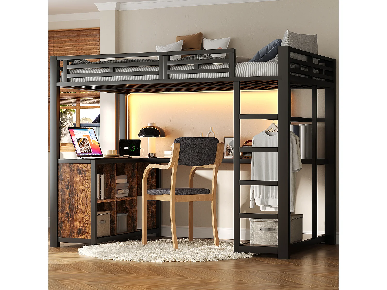 Łóżko piętrowe metalowe - 140 x 200 cm - z biurkiem + oświetlenie LED + port USB + półka - płyta MDF + metal - kolor czarny 4983956 - obrazek 1