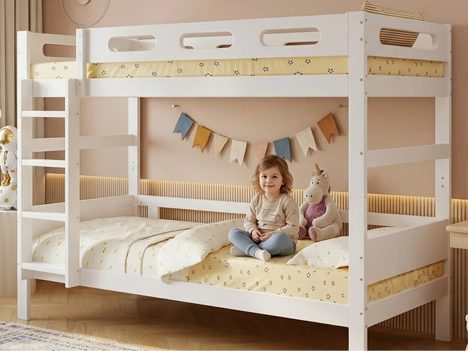 Łóżko piętrowe dla dzieci 90x200 cm - z drabinką i barierką zabezpieczającą - drewno lite + MDF + sklejka - Białe (bez materaca) 4984723 - obrazek 1