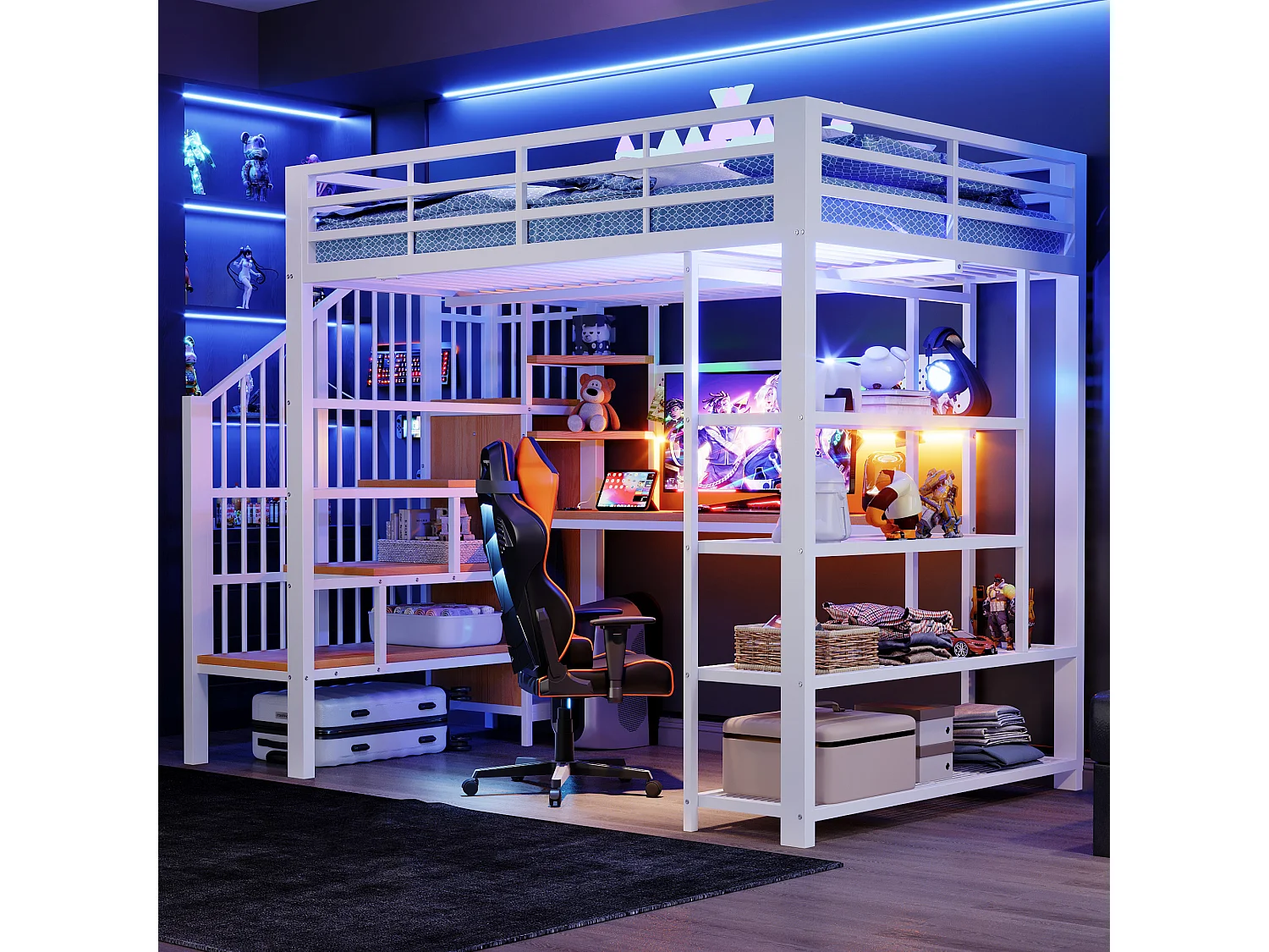 Łóżko piętrowe z kutego żelaza 140×200 cm - z biurkiem - z gniazdkiem elektrycznym - z oświetleniem LED - biały (materac nie wchodzi w skład zestawu) 4987443 - obrazek 1