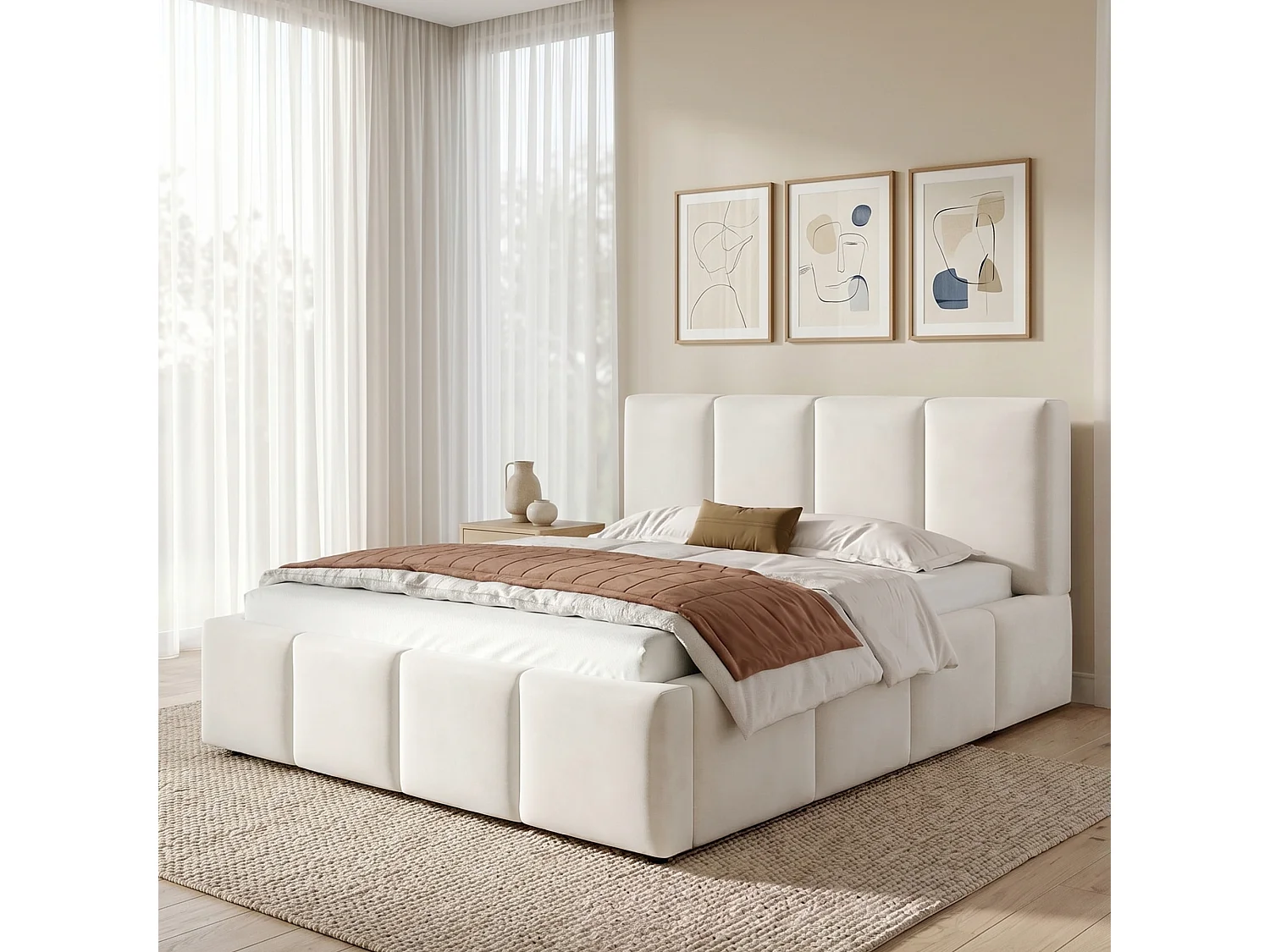 Łóżko tapicerowane dwuosobowe – 180 x 200 cm – z podstawą z listew + zagłówek – szenil – beż 4993486