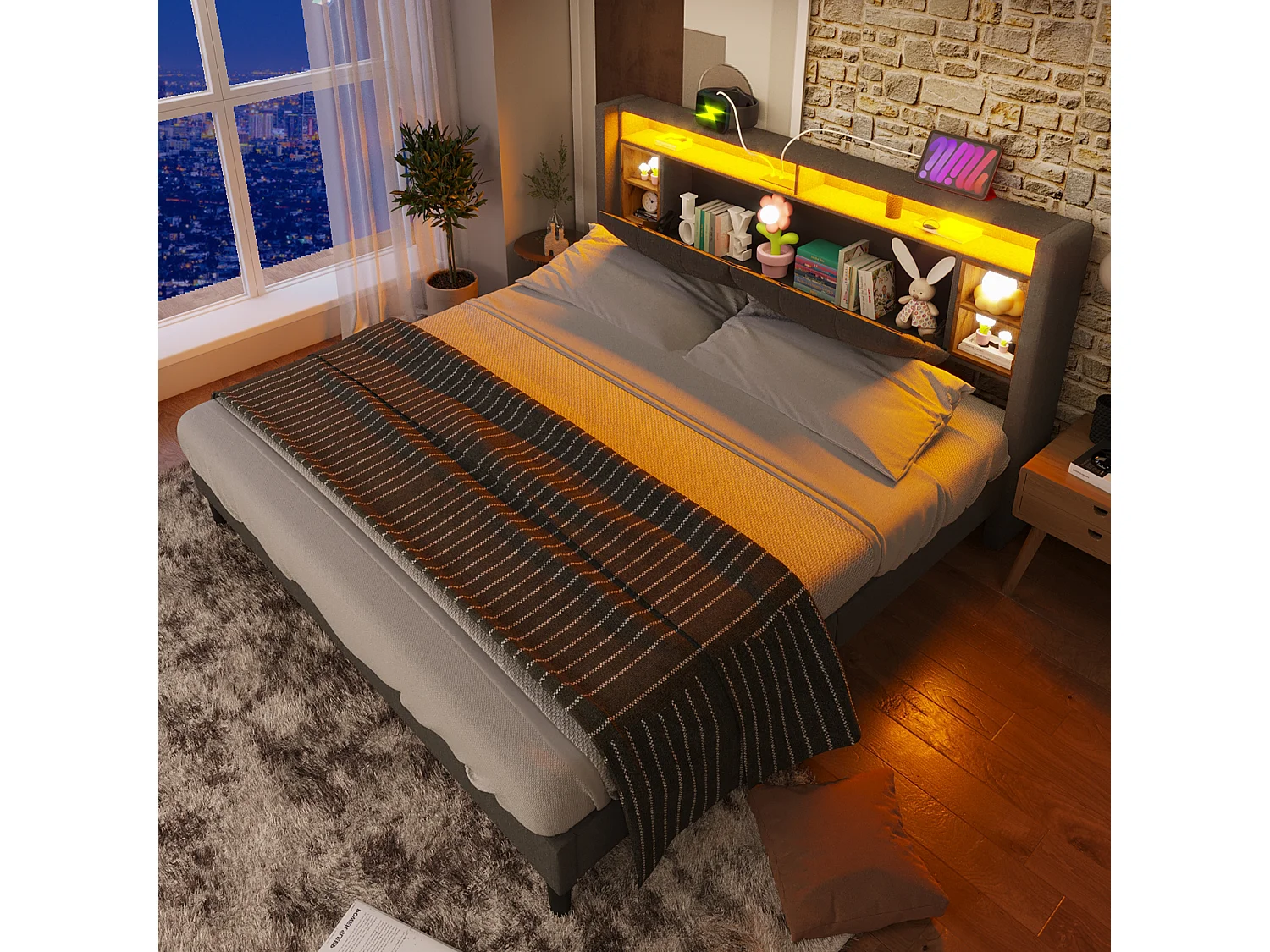 Łóżko tapicerowane dwuosobowe - 160 x 200 cm - ze schowkiem na pościel + USB + diody LED - drewno - szare 4993490 - obrazek 1